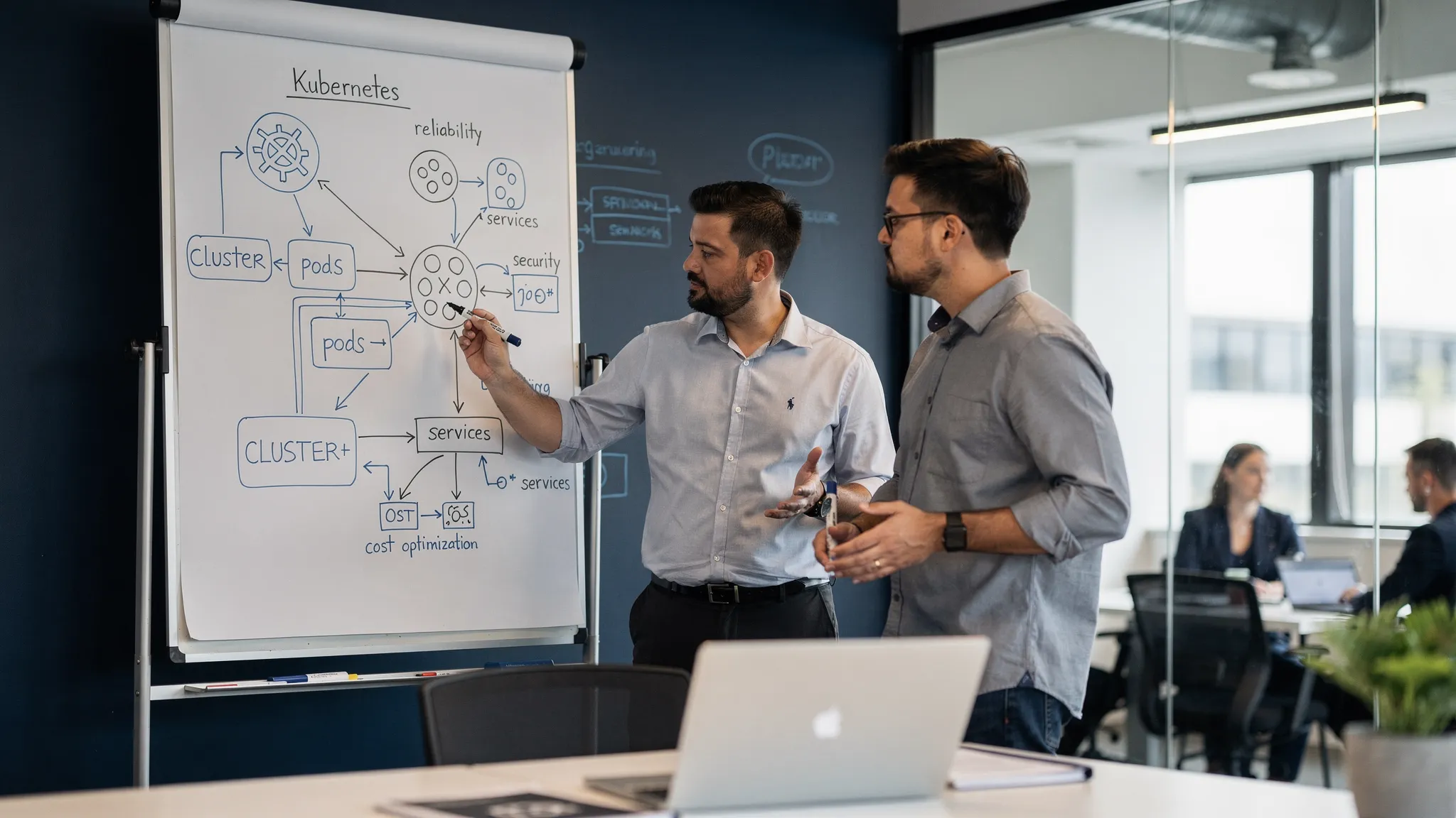A consulting workshop scene with a platform engineer and a product engineering lead reviewing Kubernetes architecture diagrams on a whiteboard and discussing reliability, security, and cost optimisation priorities.