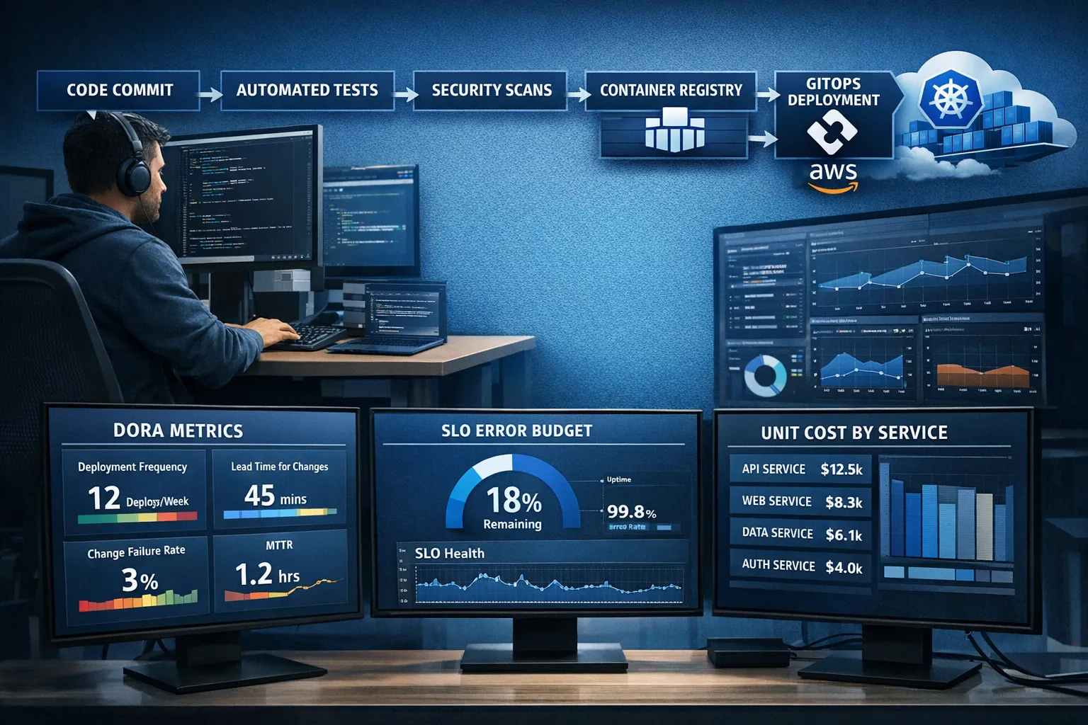A concise cloud DevOps value stream: from developer commit to automated tests, security scans, container registry, and GitOps deployment to a Kubernetes cluster on AWS, with dashboards showing DORA metrics, SLO error budgets, and unit cost by service.