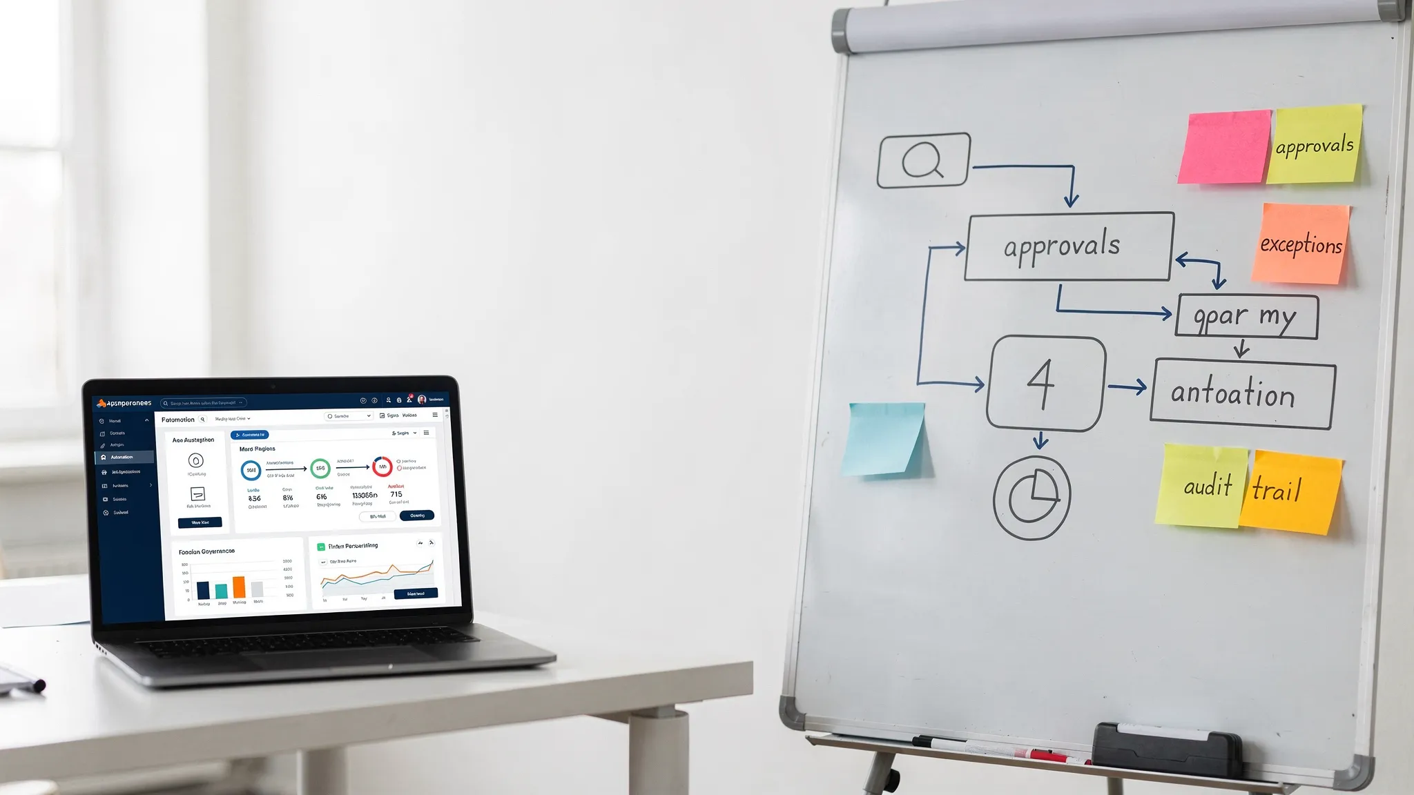 A business operations scene showing a simplified process map on a whiteboard next to a laptop with an automation dashboard, with sticky notes labelled approvals, exceptions, and audit trail, illustrating governance and operational monitoring for automation.