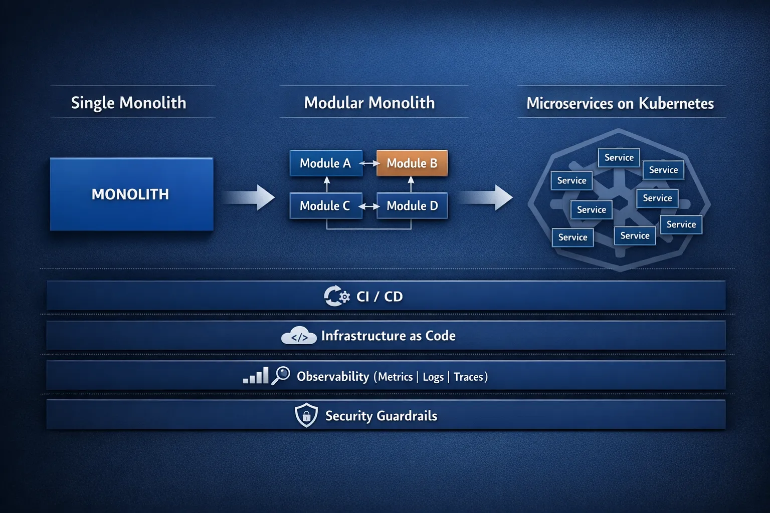 A simple architecture diagram showing the evolution from a single monolith to a modular monolith and then to microservices on Kubernetes, with supporting layers underneath for CI/CD, infrastructure as code, observability (metrics logs traces), and security guardrails.