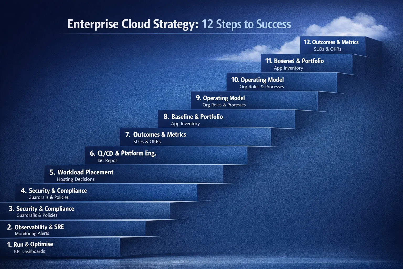 A simple staircase-style diagram showing 12 sequential steps of an enterprise cloud strategy: outcomes and metrics, baseline and portfolio, operating model, landing zone, security and compliance, workload placement, CI/CD and platform engineering, data and analytics, observability and SRE, FinOps and governance, migration waves, run and optimise. Each step lists one or two example outputs such as SLOs, IaC repos, guardrails, wave plans, and KPI dashboards.