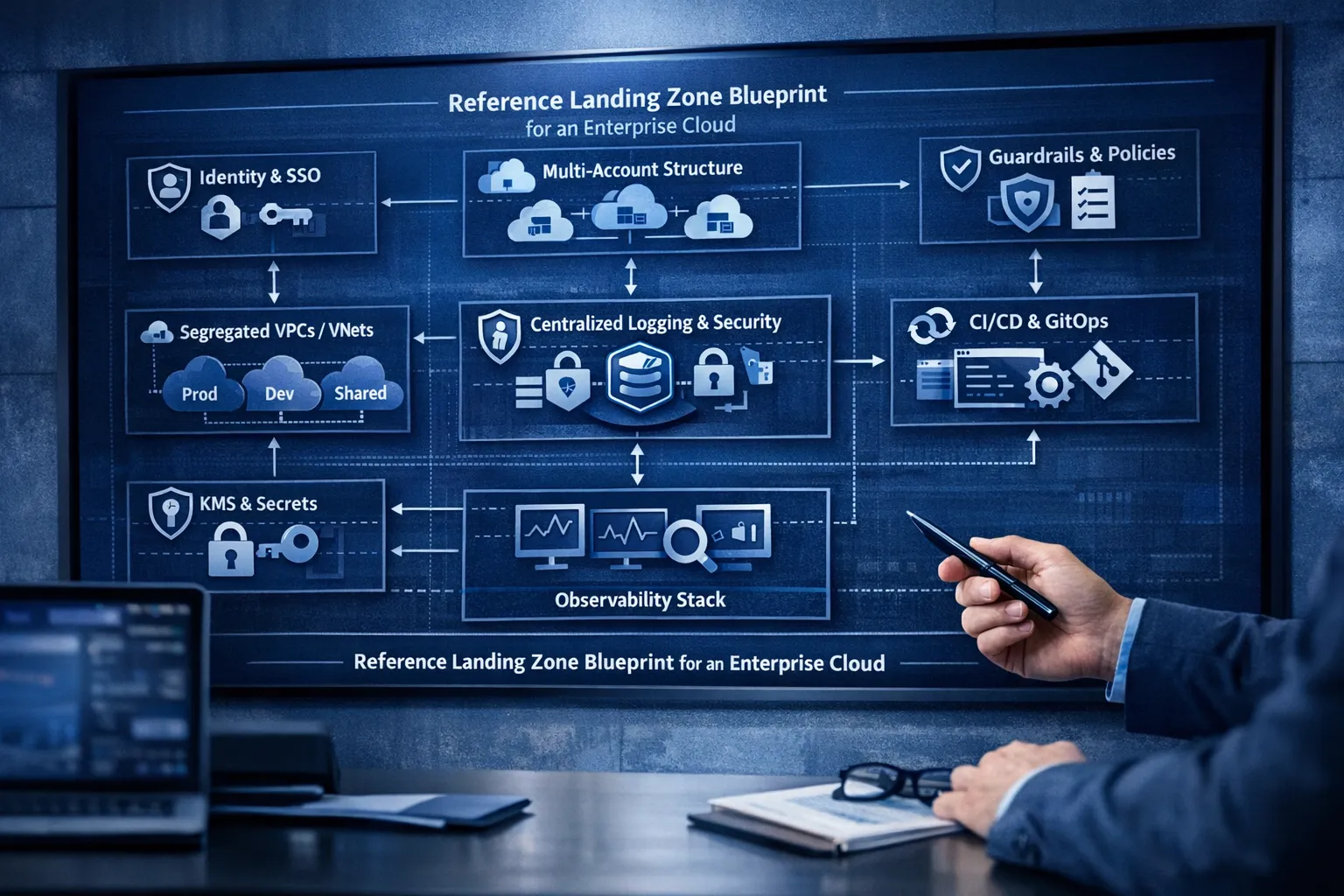 A reference landing zone blueprint for an enterprise cloud: identity and SSO, multi-account structure, segregated VPCs or VNets, centralised logging and security services, CI/CD and GitOps controllers, observability stack, KMS and secrets, and guardrails enforcing policies.