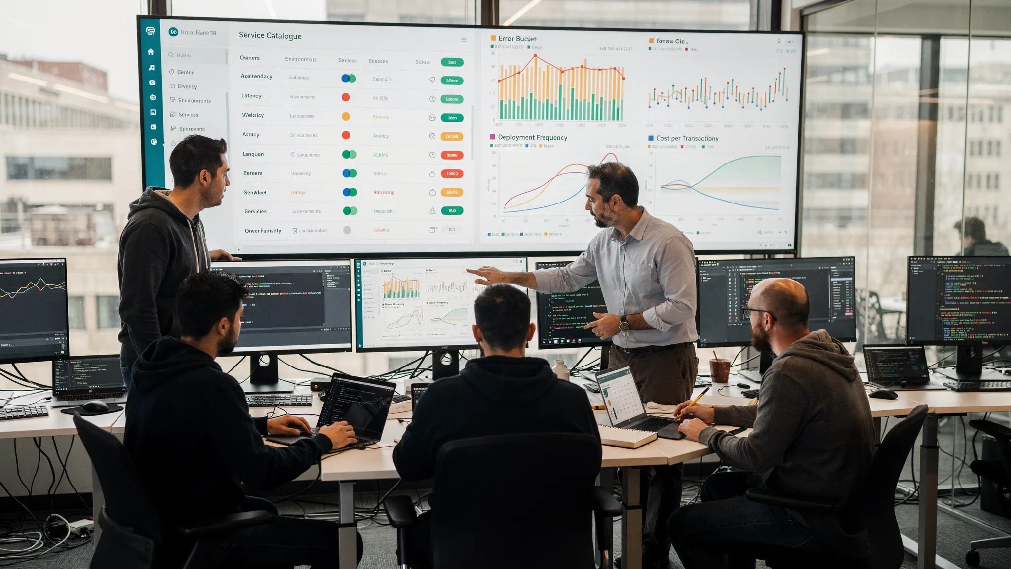 A platform engineering team reviewing a service catalogue and SLO dashboard on large monitors in a modern operations room, with graphs of latency, error budgets, deployment frequency, and cost per transaction displayed.