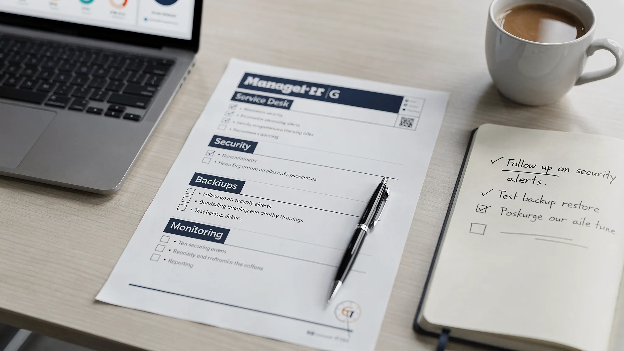 A practical managed IT support checklist for SMEs on a desk: a printed checklist with sections for service desk, security, backups, patching, identity, monitoring, and reporting, alongside a laptop, a notebook with action items, and a cup of coffee.