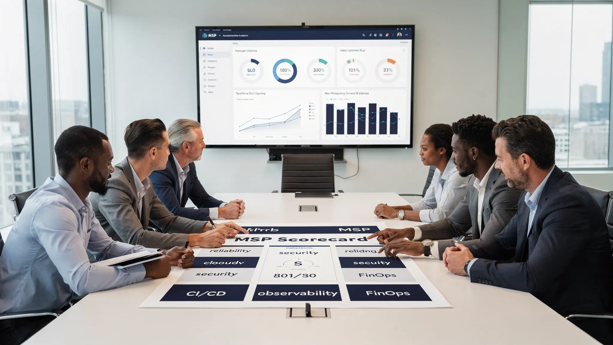 An executive and engineering team in a modern meeting room reviewing a printed MSP scorecard on a table, with criteria such as reliability, security, cloud native, CI/CD, observability and FinOps highlighted. Large wall screen shows a simplified dashboard with SLOs and cost metrics.