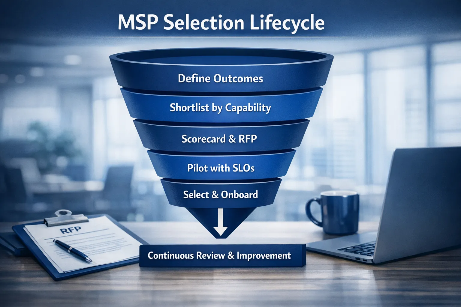 Simple funnel diagram showing the MSP selection lifecycle: define outcomes, shortlist by capability, scorecard and RFP, pilot with SLOs, select and onboard, continuous review and improvement.