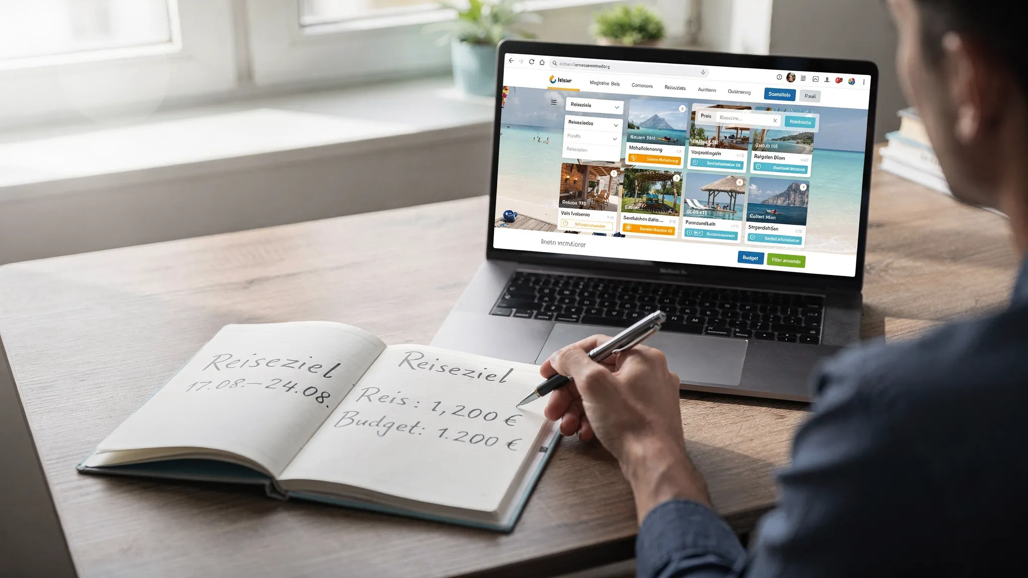 Eine Person vergleicht auf einem Laptop Reiseangebote mit Filteroptionen, daneben liegt eine Notiz mit Reisedaten und Budget. Der Laptop-Bildschirm ist frontal ausgerichtet.