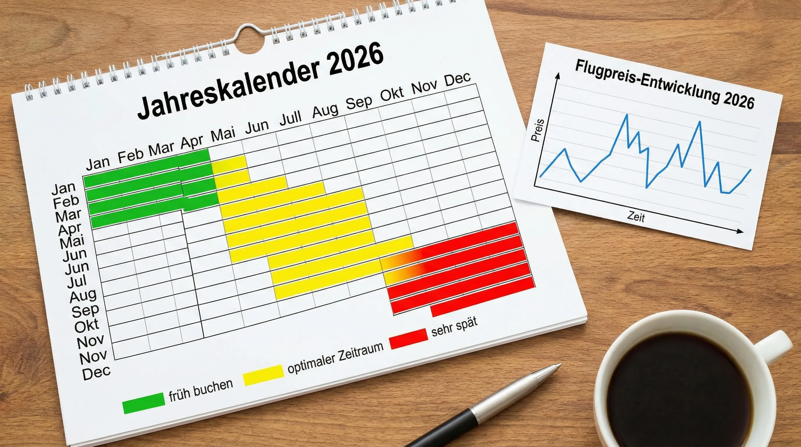Illustration eines Jahreskalenders 2026 mit farblich markierten Buchungsfenstern (früh buchen, optimaler Zeitraum, sehr spät), daneben ein kleines Liniendiagramm mit schwankenden Flugpreisen.