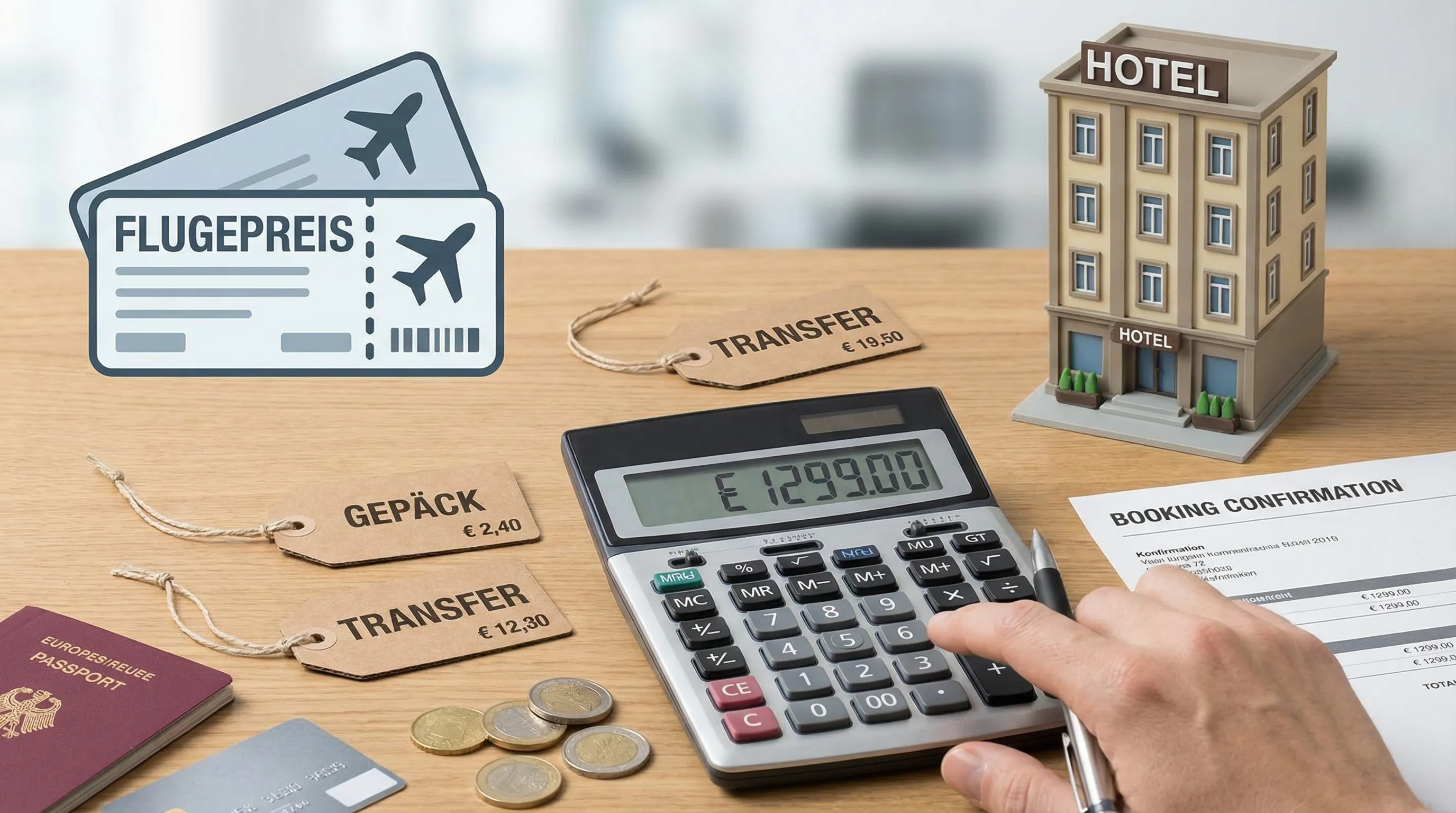 Illustration eines Reisepreisvergleichs: links ein Flugticket-Symbol, rechts ein Hotelgeb&auml;ude, dazwischen ein Taschenrechner und Preisschilder f&uuml;r Gep&auml;ck, Transfer und City-Tax, um den Endpreis zu verdeutlichen.