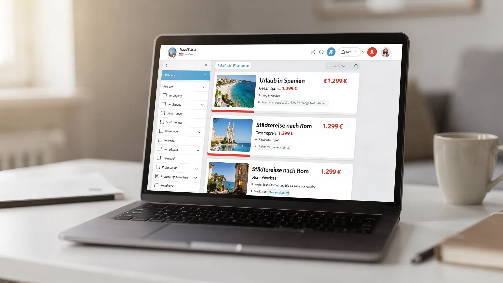 Ein aufger&auml;umter Reisepreisvergleich am Laptop: links Filter (Reisezeit, Verpflegung, Bewertungen), rechts eine Ergebnisliste mit 3 bis 5 Angeboten, jeweils mit Gesamtpreis, Leistungen und Stornohinweisen.