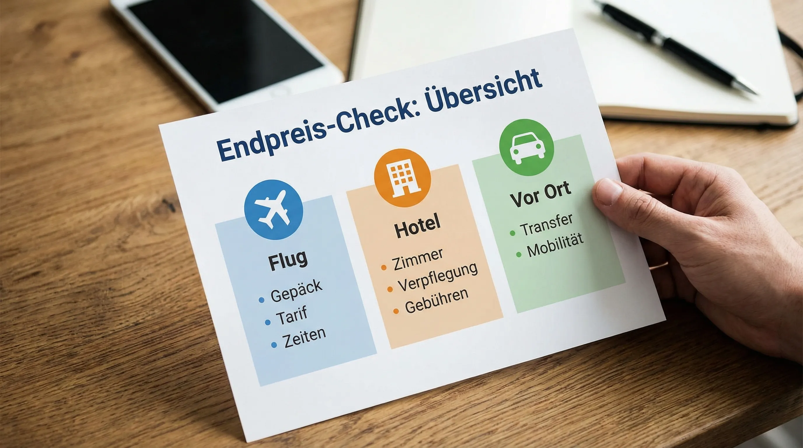 Infografik mit einer einfachen &bdquo;Endpreis-Check&ldquo;-&Uuml;bersicht: Flug (Gep&auml;ck, Tarif, Zeiten), Hotel (Zimmer, Verpflegung, Geb&uuml;hren), Vor Ort (Transfer, Mobilit&auml;t).