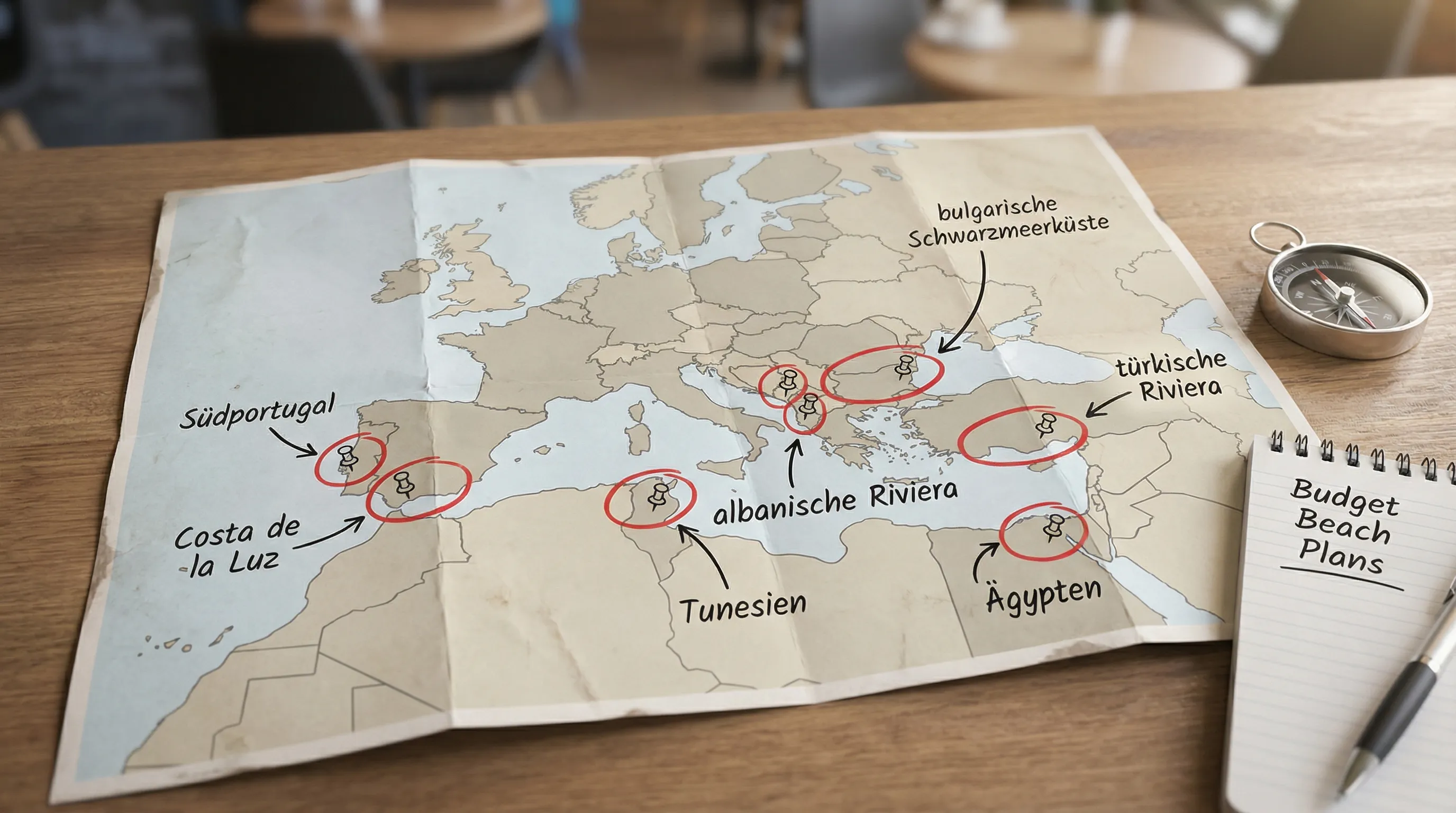 Vereinfachte Karte von Europa und Nordafrika mit markierten Budget-Strandregionen: bulgarische Schwarzmeerk&uuml;ste, t&uuml;rkische Riviera, albanische Riviera, Montenegro, S&uuml;dportugal, Costa de la Luz, Tunesien, &Auml;gypten.