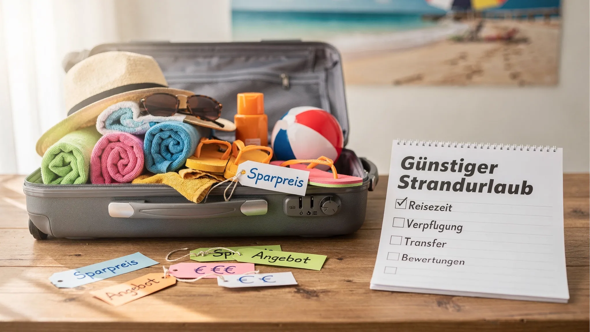 Koffer und Strand-Accessoires auf einem Tisch, daneben Preisschilder und ein Notizblock mit Checkliste f&uuml;r g&uuml;nstigen Strandurlaub (Reisezeit, Verpflegung, Transfer, Bewertungen).