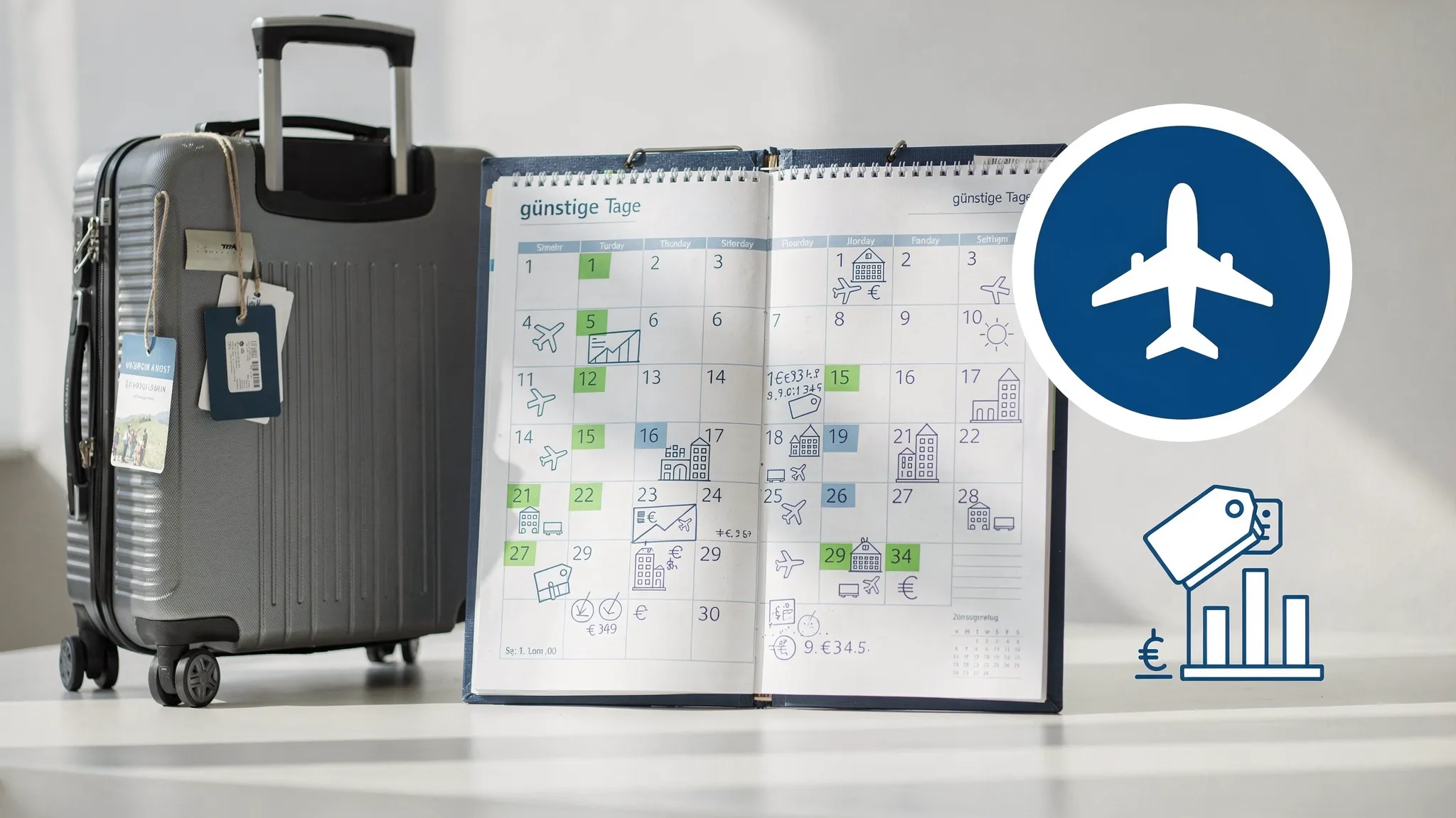 Illustration eines Reisekalenders mit markierten g&uuml;nstigen Tagen, daneben Koffer, Flugzeug-Icon und ein Preisvergleich-Symbol.