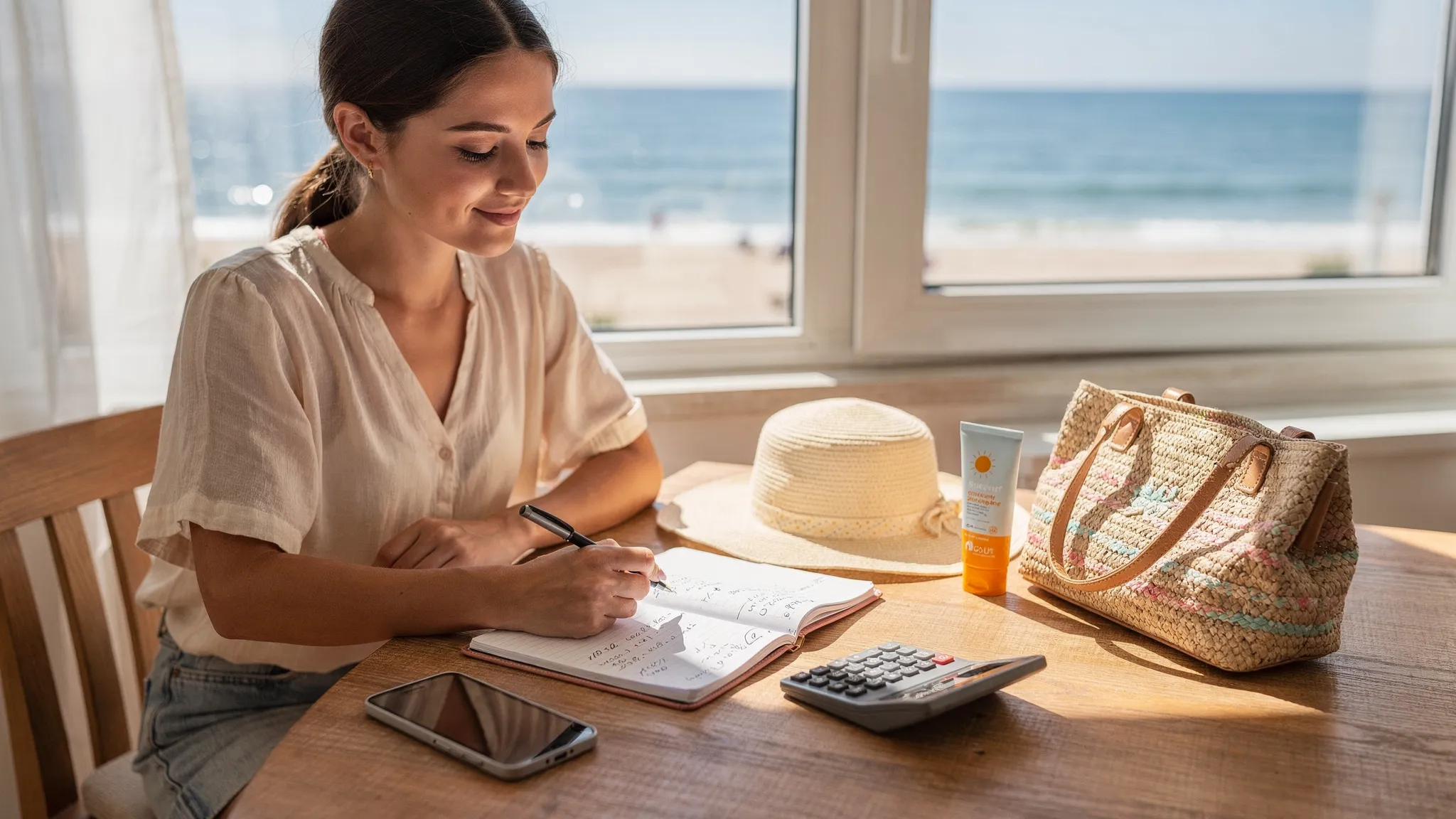 Eine Reisende sitzt am Tisch mit Notizbuch, Taschenrechner und Smartphone, daneben liegen Sonnenhut, Sonnencreme und eine kleine Strandtasche. Im Hintergrund sind Strand und Meer zu sehen. Die Szene vermittelt Budgetplanung für einen günstigen Strandurlaub.