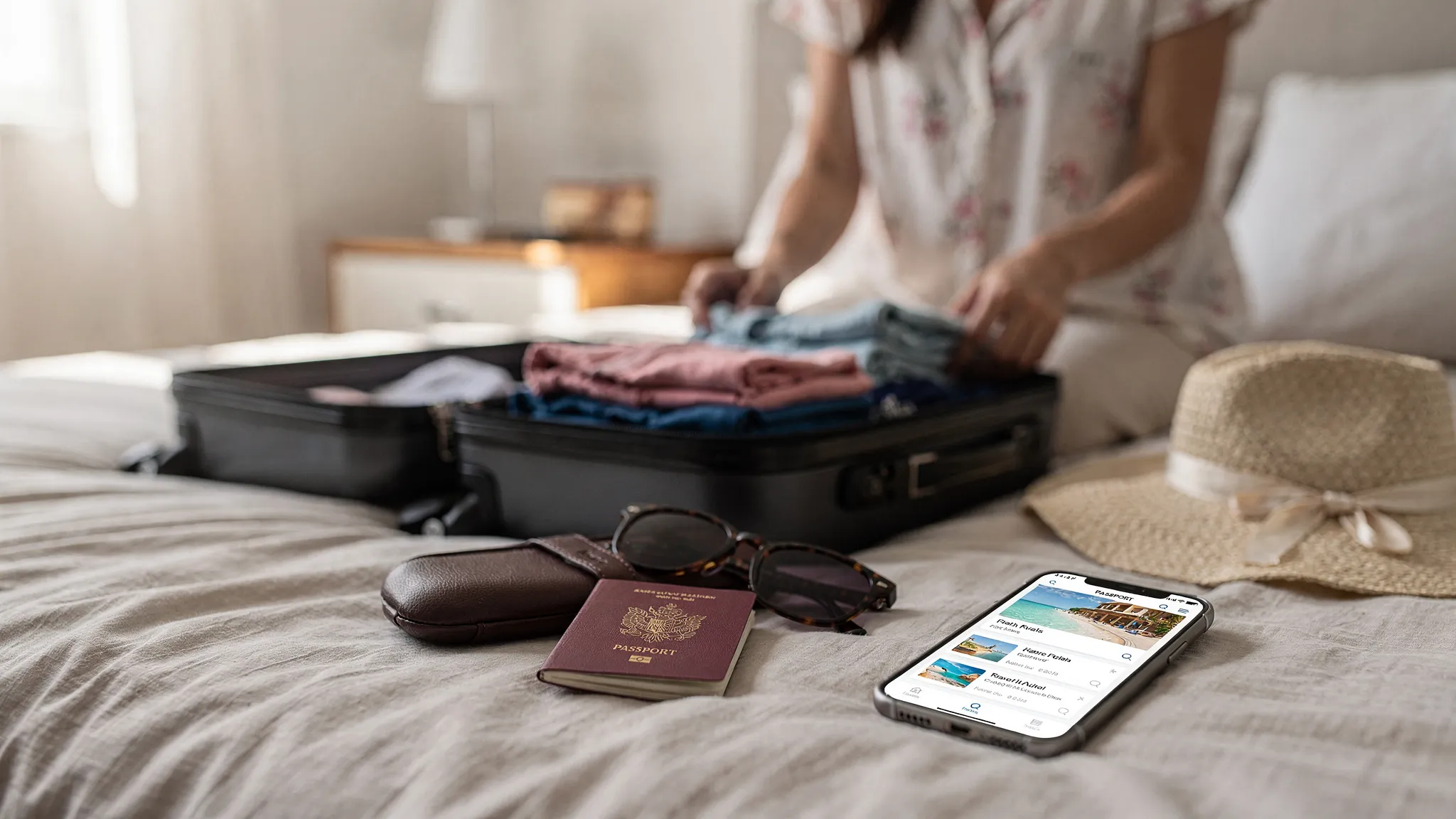 Eine Person packt einen geöffneten Koffer auf dem Bett, daneben liegen Reisepass, Sonnenbrille und ein Smartphone mit einer geöffneten Reise-Suchseite. Im Hintergrund stehen dezente Reiseutensilien wie eine kleine Kulturtasche und ein Strandhut.