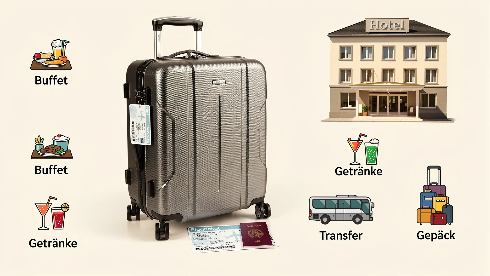 Eine einfache Vergleichsszene mit Koffer, Flugticket und Hotelgeb&auml;ude, daneben Symbole f&uuml;r Buffet, Getr&auml;nke, Transferbus und Gep&auml;ck, um die wichtigsten Vergleichsbausteine eines Last-Minute-All-Inclusive-Pakets darzustellen.