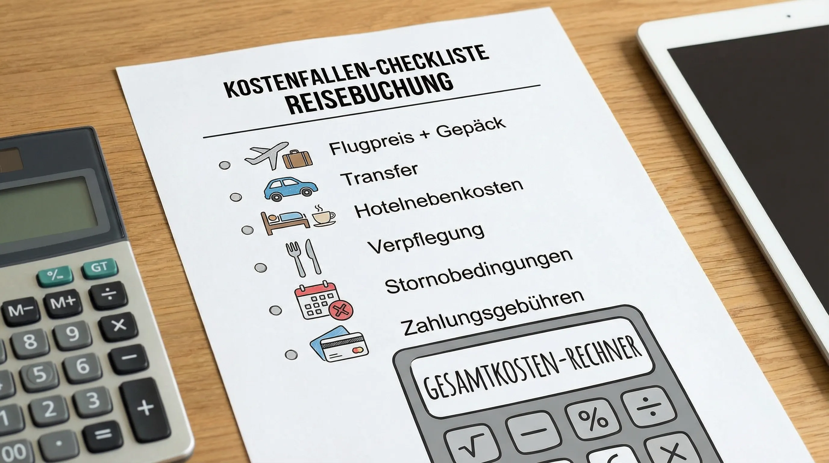 Illustration einer Kostenfallen-Checkliste f&uuml;r die Reisebuchung: Flugpreis plus Gep&auml;ck, Transfer, Hotelnebenkosten, Verpflegung, Stornobedingungen und Zahlungsgeb&uuml;hren, dargestellt als einfache Symbole mit einem Gesamtkosten-Rechner.