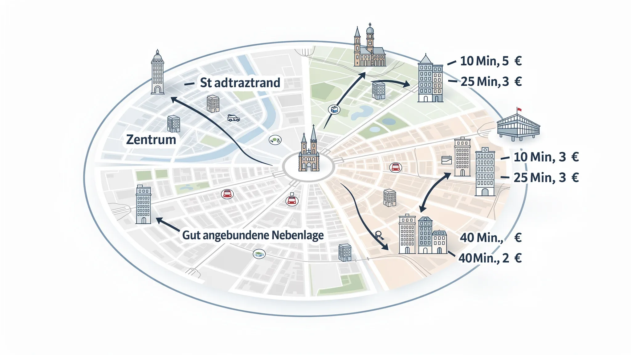 Illustration einer Stadtkarte mit drei Hotelzonen (Zentrum, gut angebundene Nebenlage, Stadtrand) und beispielhaften Zeit- und Kostenunterschieden bei der Anfahrt.