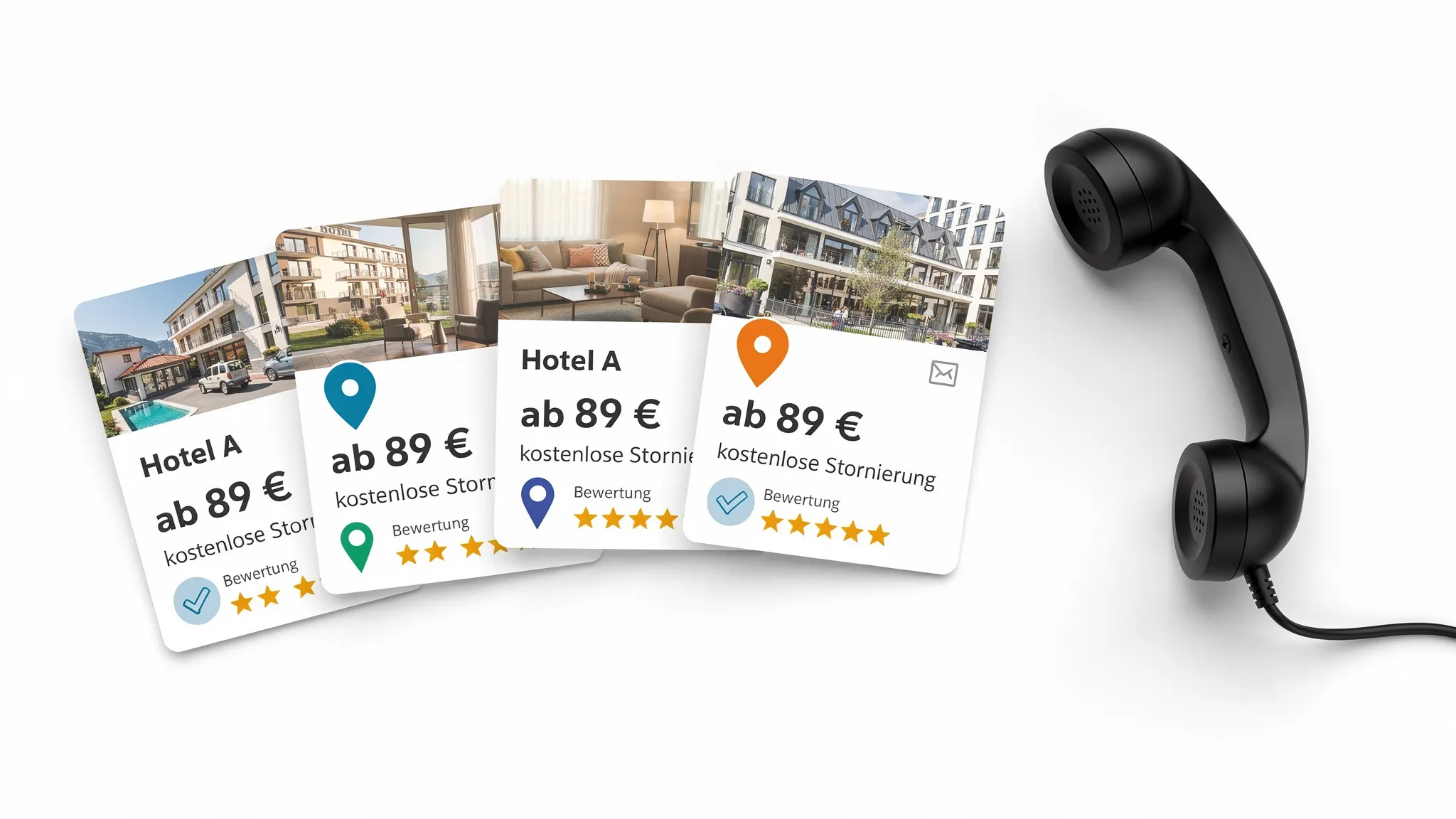 Symbolische Darstellung eines Hotelpreisvergleichs: mehrere Hotelkarten mit Preis, Lagepin, Storno-Icon und Bewertungsstern, angeordnet neben einem Telefonh&ouml;rer als Hinweis auf Beratung.