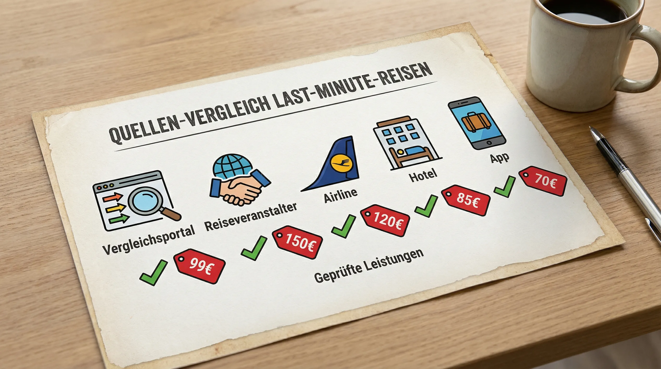 Illustration eines Quellen-Vergleichs für Last-Minute-Reisen: Icons für Vergleichsportal, Reiseveranstalter, Airline, Hotel und App, daneben Preisschilder und ein Häkchen für geprüfte Leistungen.