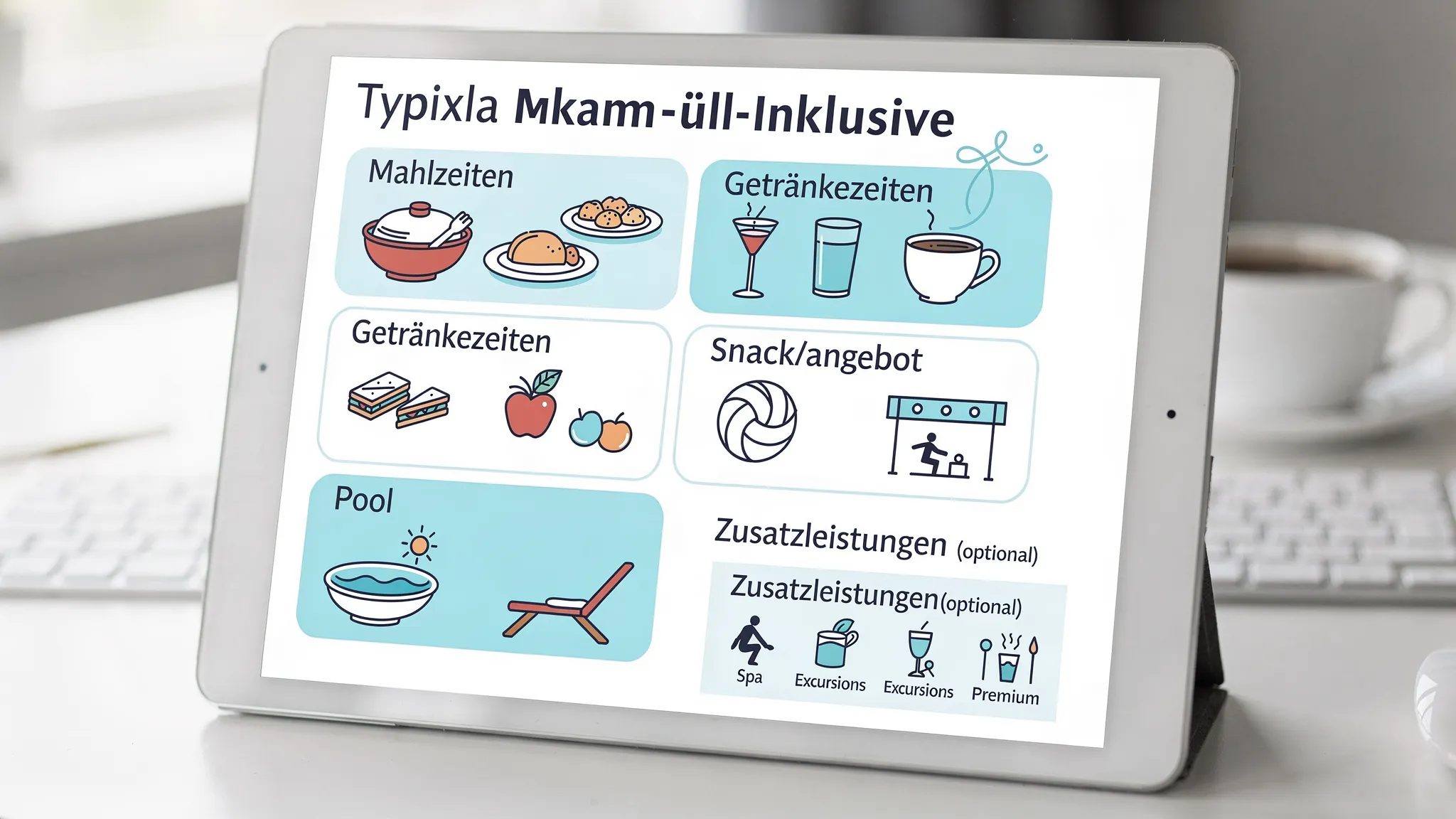 Infografik mit typischen All-Inclusive-Bausteinen: Mahlzeiten, Getränkezeiten, Snackangebot, Sport/Animation, Pool, Zusatzleistungen als „optional“ gekennzeichnet.