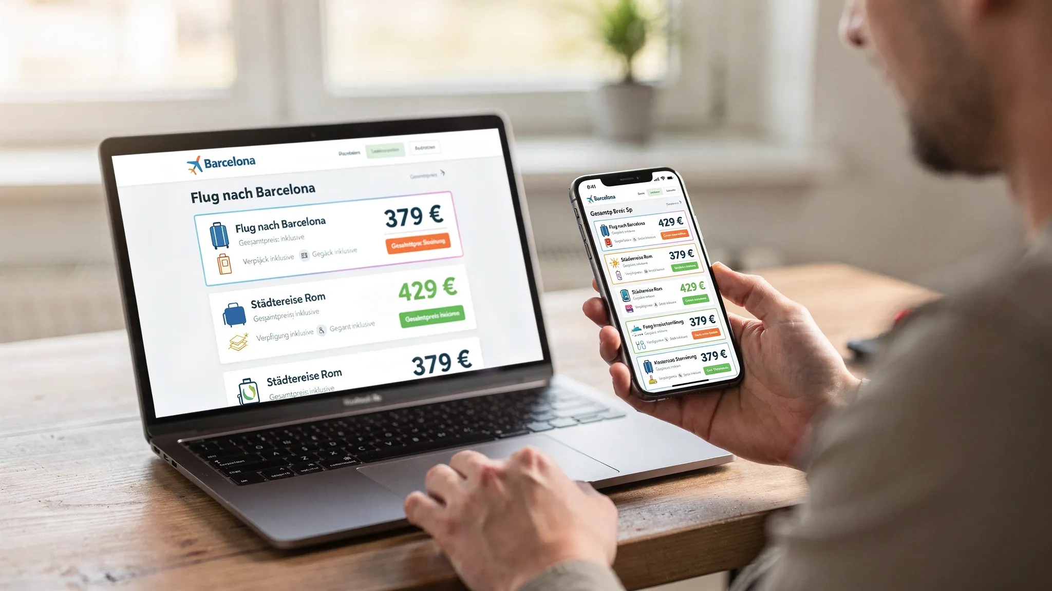 Eine Person vergleicht Reisepreise auf Laptop und Smartphone. Zu sehen sind mehrere Reiseangebote mit klaren Preiszeilen, Icons für Gepäck, Verpflegung und Storno, sowie eine hervorgehobene Gesamtpreis-Zeile.