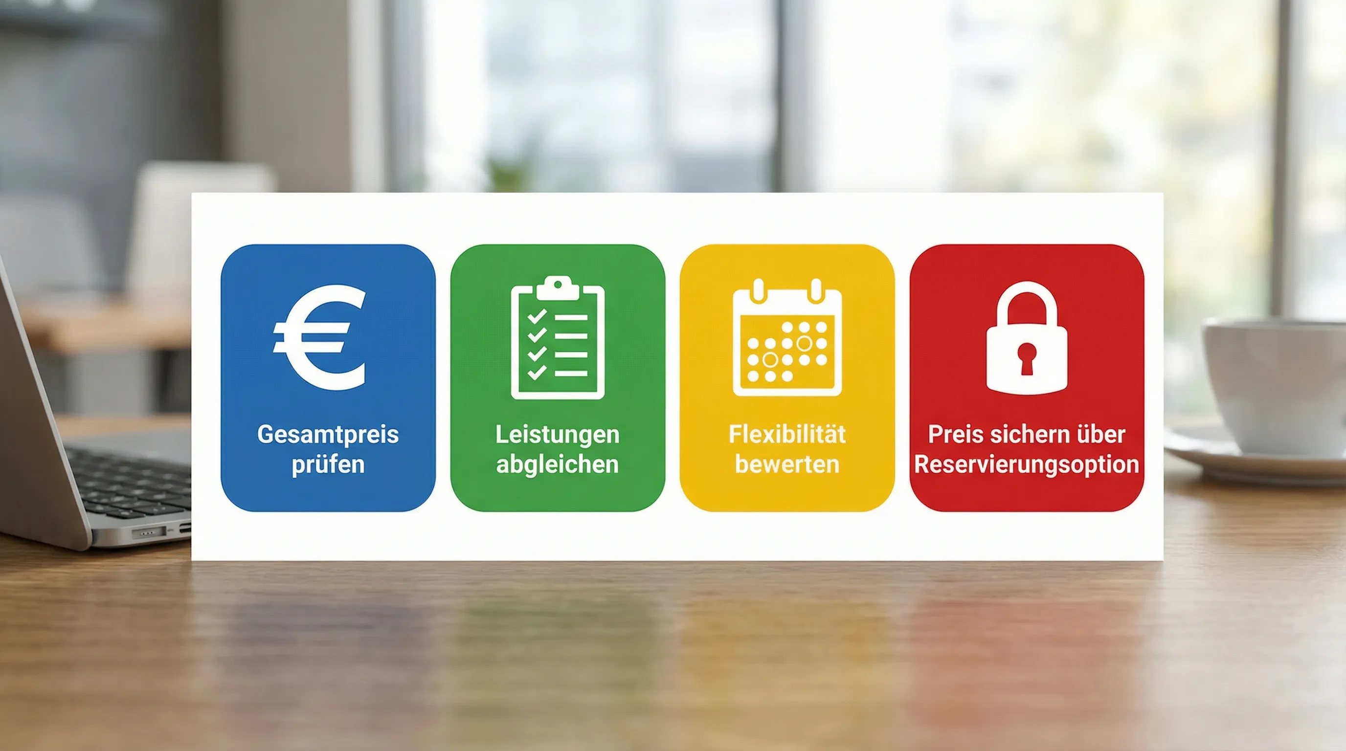 Eine einfache Infografik mit vier Kacheln: 1) Gesamtpreis prüfen 2) Leistungen abgleichen 3) Flexibilität bewerten 4) Preis sichern über Reservierungsoption. Jede Kachel hat ein kleines Icon (Euro, Checkliste, Kalender, Schloss).