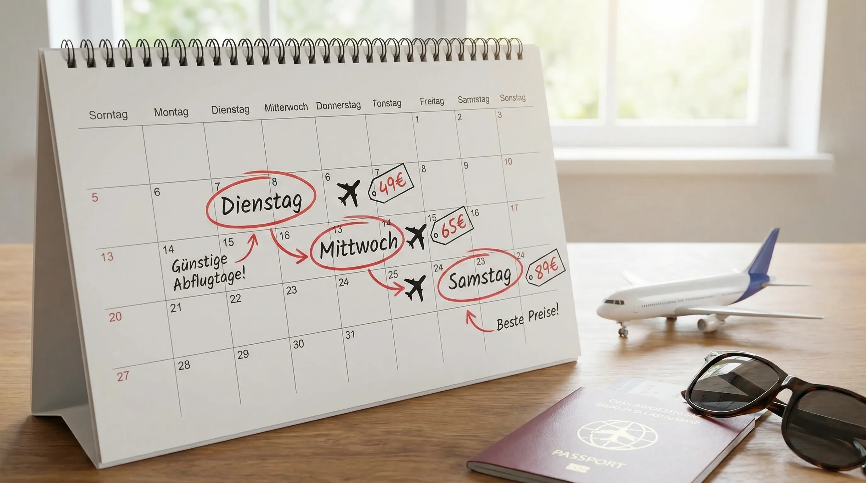 Ein übersichtlicher Kalender mit markierten Wochentagen (Dienstag, Mittwoch, Samstag) neben einem Flugzeug-Icon und Preis-Tags in Euro, symbolisiert günstige Buchungstage und günstige Abflugtagen bei Flugpreisen.
