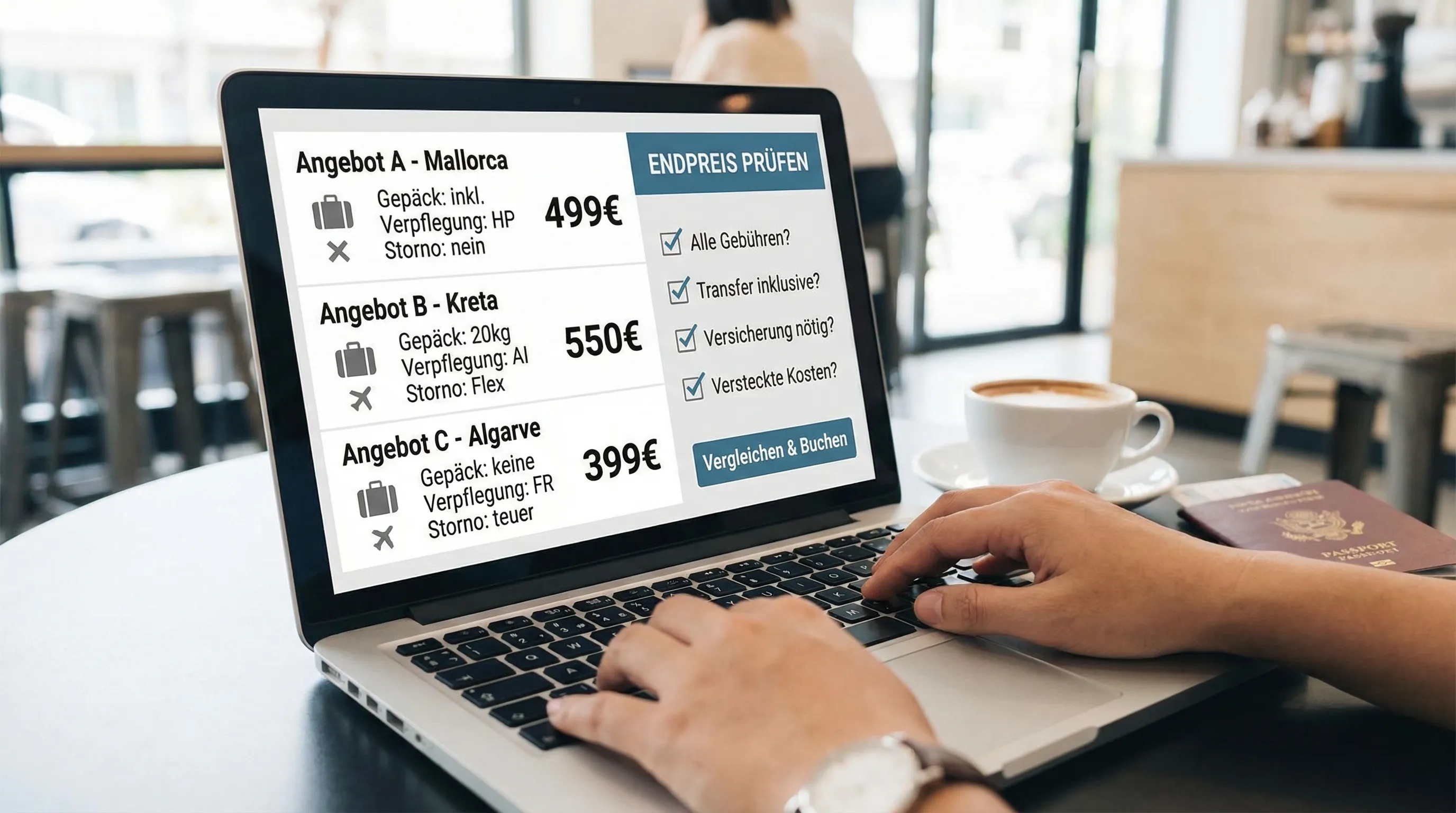 Illustration eines Reisepreisvergleichs auf einem Laptop: links mehrere Angebote mit unterschiedlichen Leistungen (Gepäck, Verpflegung, Storno), rechts eine Checkliste „Endpreis prüfen“.
