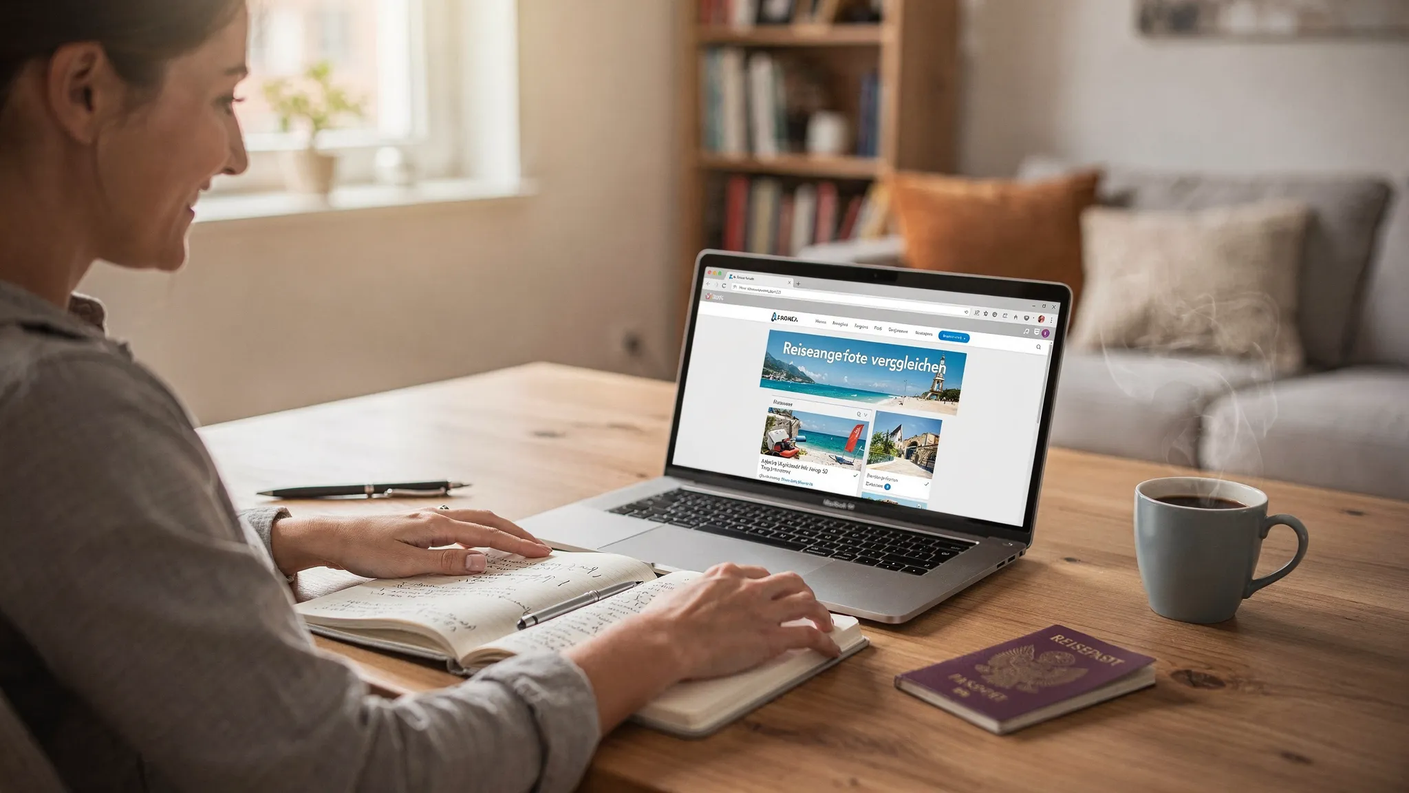 Eine Person sitzt entspannt am Küchentisch mit Laptop und Notizbuch und vergleicht Reiseangebote; daneben stehen eine Tasse Kaffee und ein Reisepass, im Hintergrund eine gemütliche Wohnungsszene.