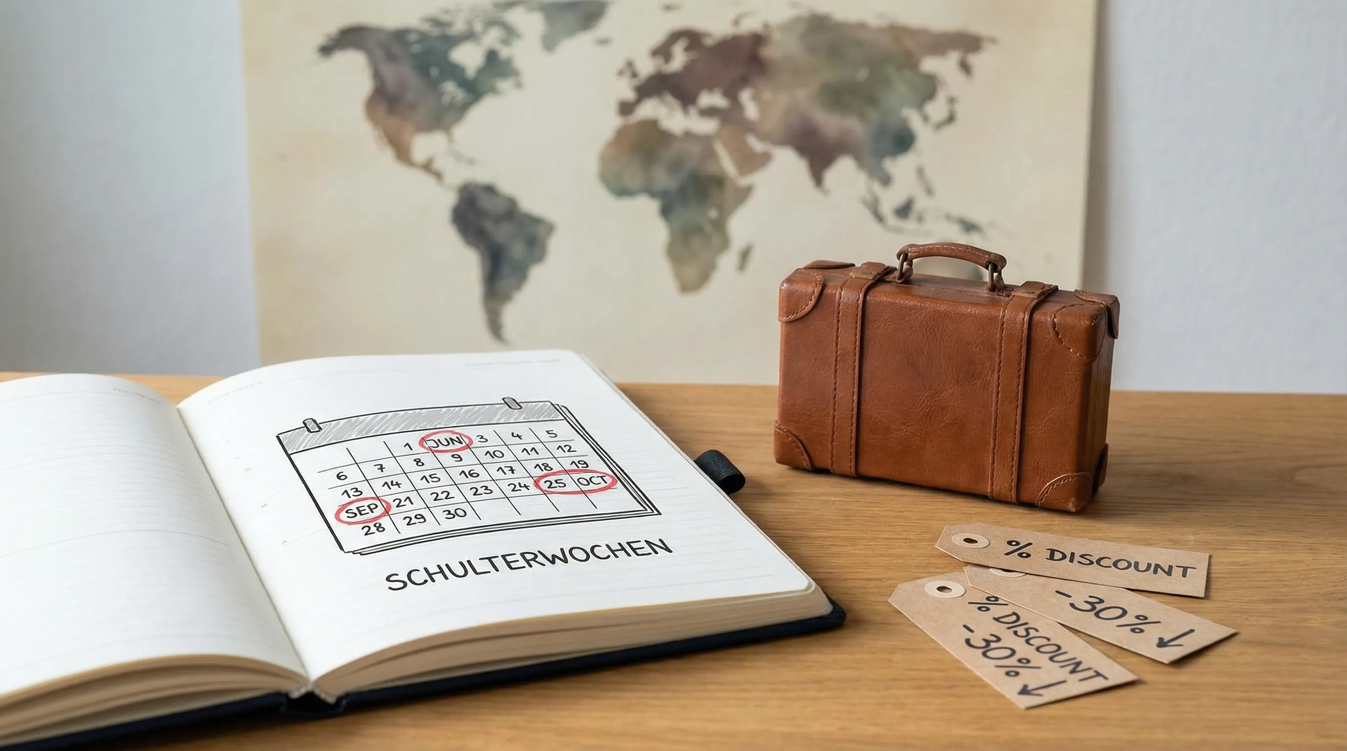 Eine einfache Illustration: Kalender mit markierten Schulterwochen, daneben ein Koffer und Preis-Tags, die nach unten zeigen; im Hintergrund eine stilisierte Weltkarte.