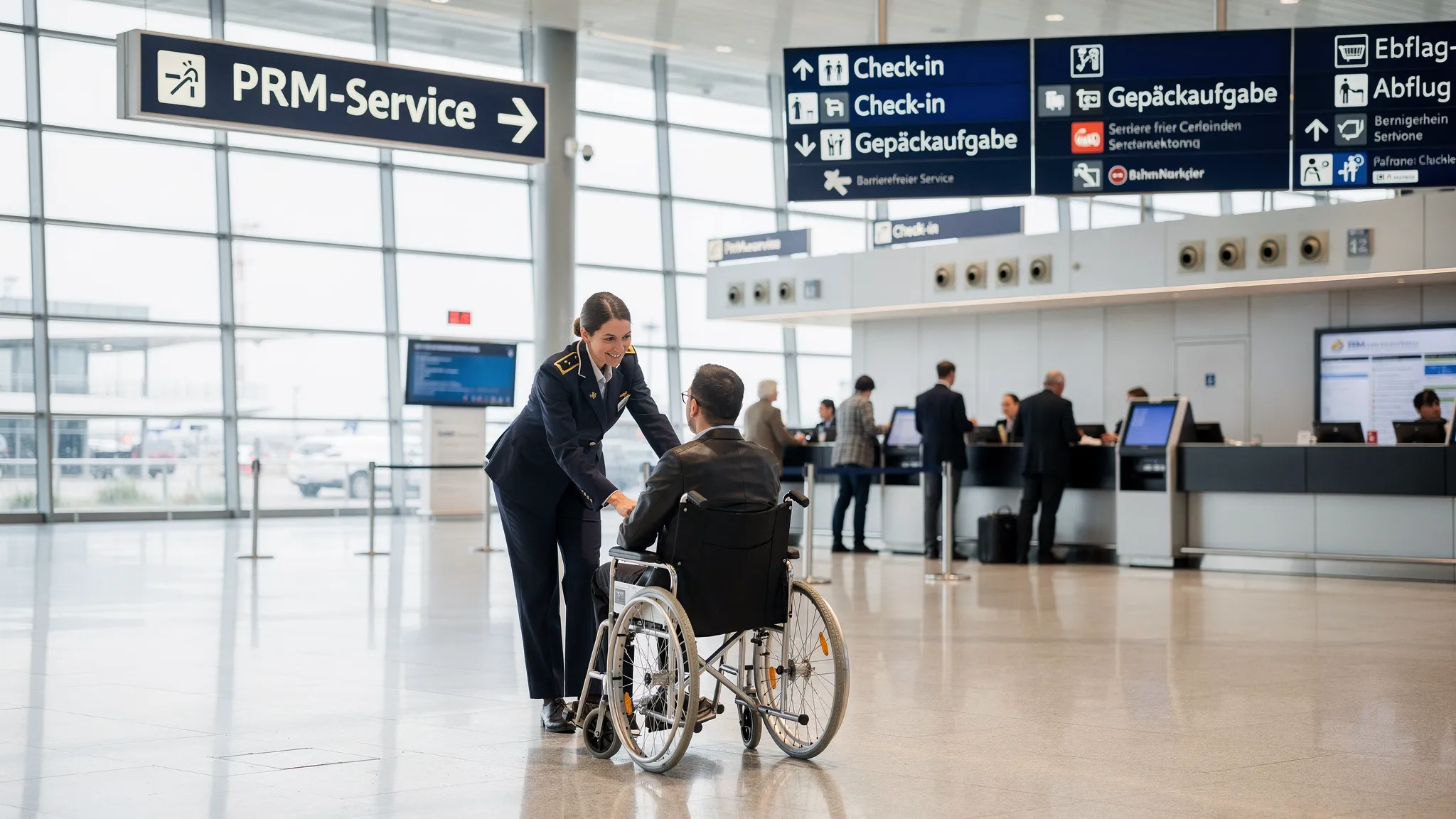 Eine Assistenzkraft im Flughafen begleitet eine Person im Rollstuhl zu einem ausgeschilderten PRM-Servicepunkt; im Hintergrund sind Check-in-Schalter und gut sichtbare Wegweiser zu sehen.