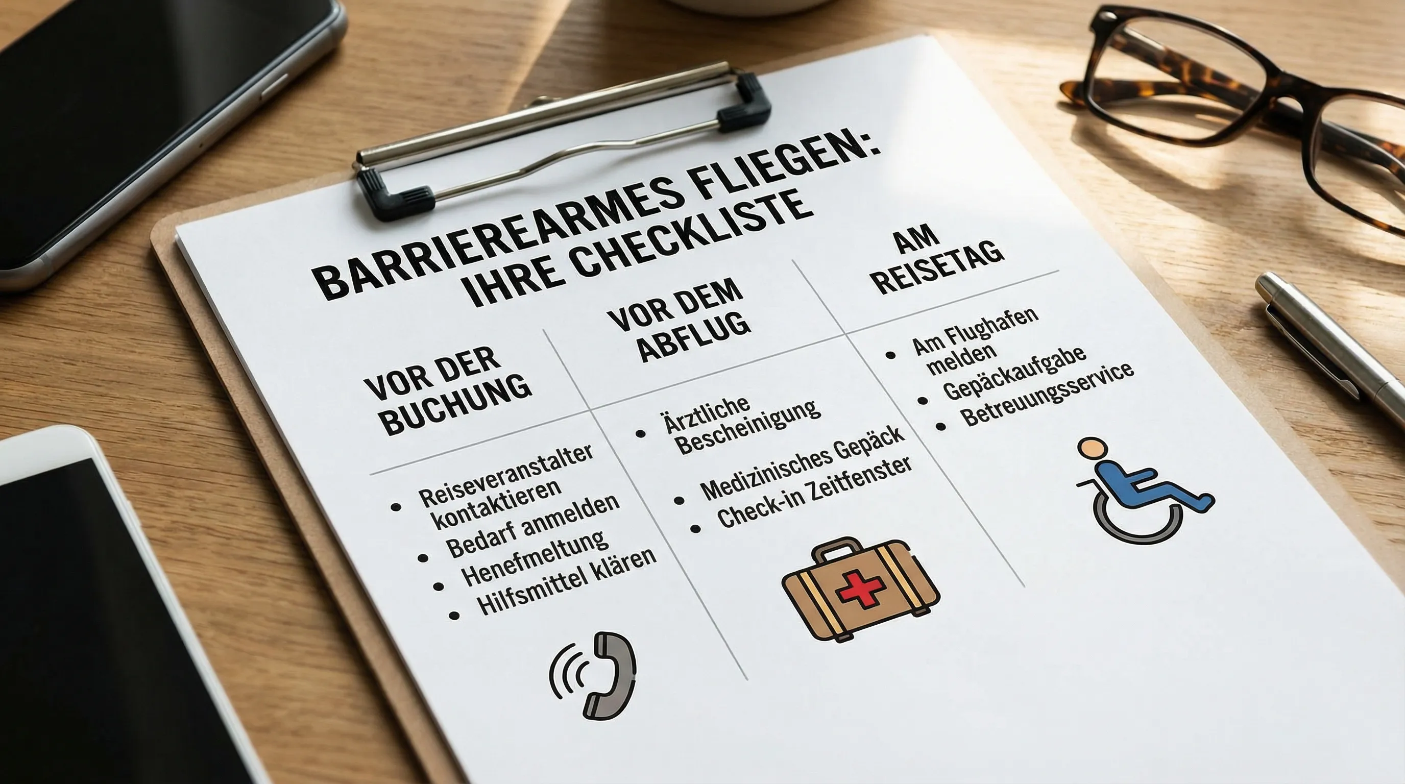 Eine &uuml;bersichtliche Checkliste f&uuml;r barrierearmes Fliegen mit drei Spalten: vor der Buchung, vor dem Abflug, am Reisetag; daneben Symbole f&uuml;r Rollstuhl, medizinisches Gep&auml;ck und Telefonberatung.