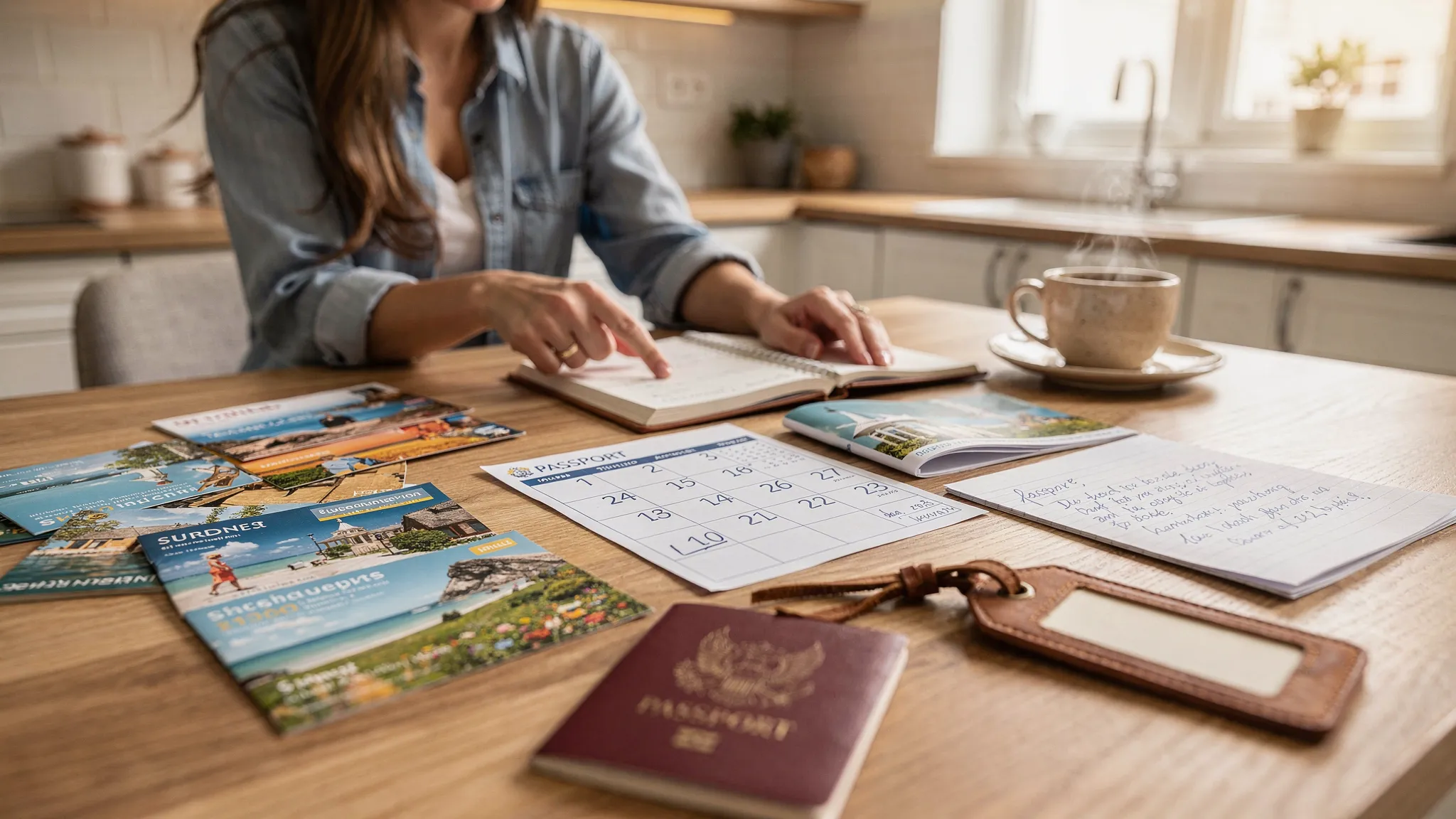 Symbolische Szene: Eine Reisende vergleicht am Küchentisch mit Kalender, Notizblock und Kaffeetasse verschiedene Reiseangebote, daneben liegen Reisepass und Kofferanhänger.