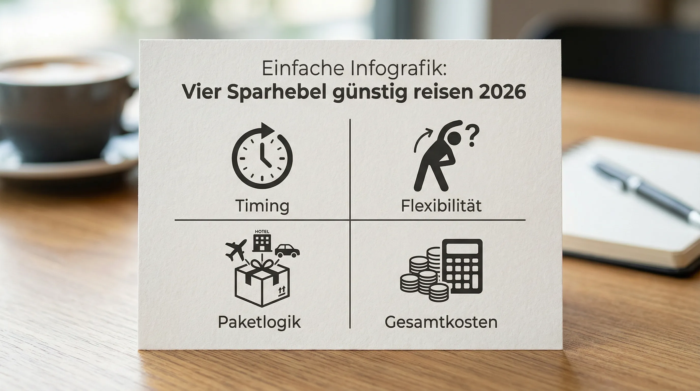 Einfache Infografik: Vier Sparhebel günstig reisen 2026 mit den Begriffen Timing, Flexibilität, Paketlogik, Gesamtkosten, jeweils als Icon in einer 2x2-Anordnung.