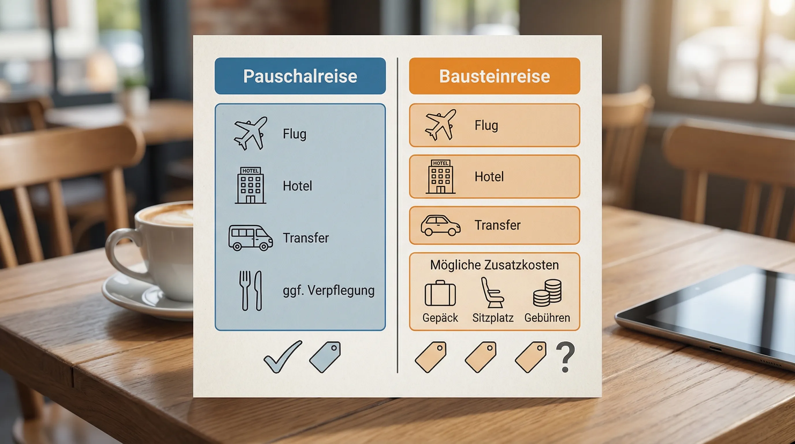 Infografik mit zwei Spalten: links „Pauschalreise“ mit enthaltenen Kostenblöcken (Flug, Hotel, Transfer, ggf. Verpflegung), rechts „Bausteinreise“ mit einzelnen Bausteinen und möglichen Zusatzkosten (Gepäck, Transfer, Sitzplatz, Gebühren).