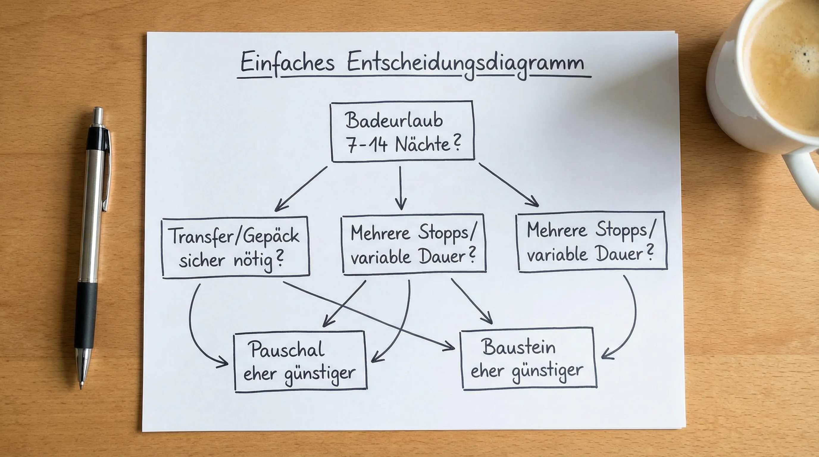 Einfaches Entscheidungsdiagramm mit drei Fragen: „Badeurlaub 7-14 Nächte?“, „Transfer/Gepäck sicher nötig?“, „Mehrere Stopps/variable Dauer?“ mit Pfeilen zu „Pauschal eher günstiger“ oder „Baustein eher günstiger“.