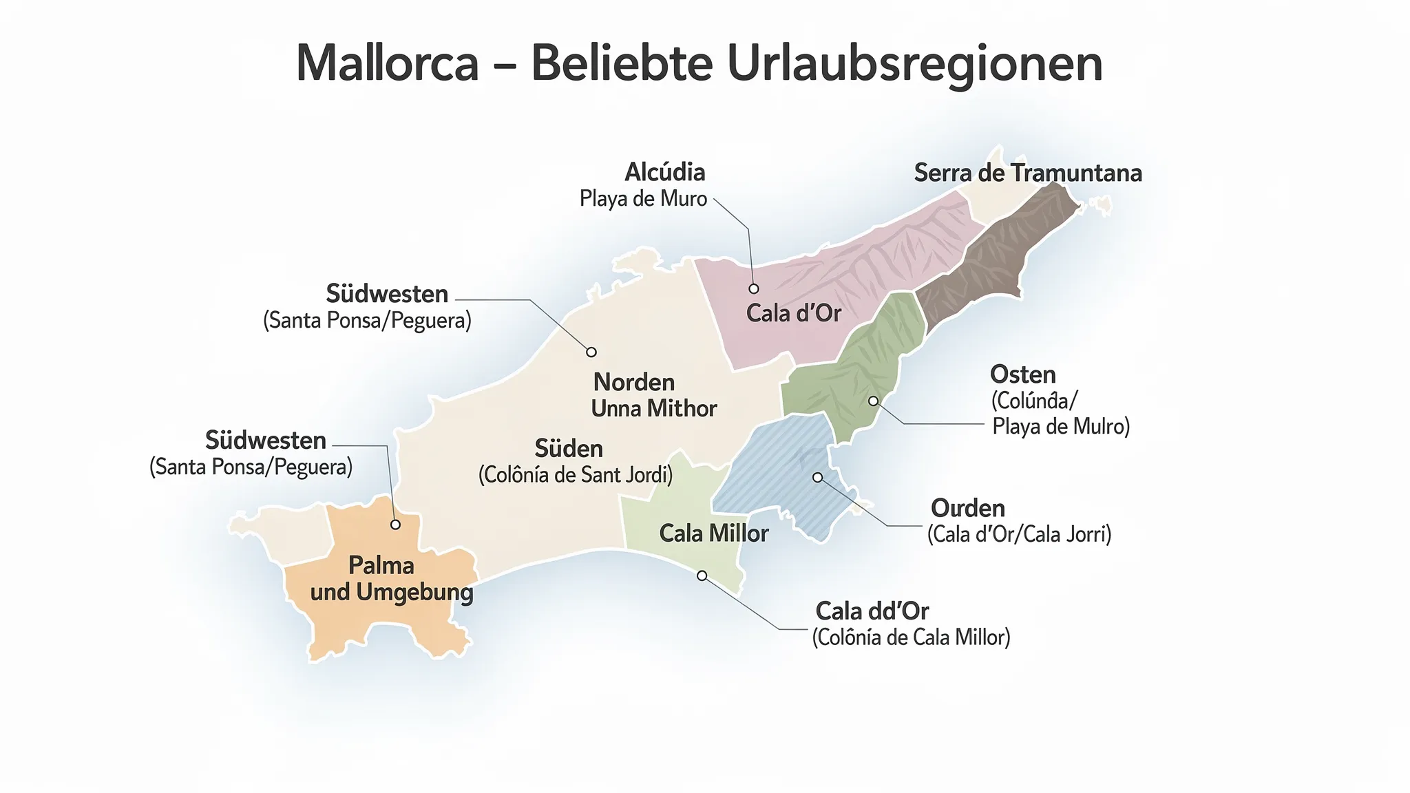 Vereinfachte Mallorca-Karte mit markierten Urlaubsregionen: Palma und Umgebung, Südwesten (Santa Ponsa/Peguera), Süden (Colònia de Sant Jordi), Osten (Cala d’Or/Cala Millor), Norden (Alcúdia/Playa de Muro) und die Serra de Tramuntana im Nordwesten.
