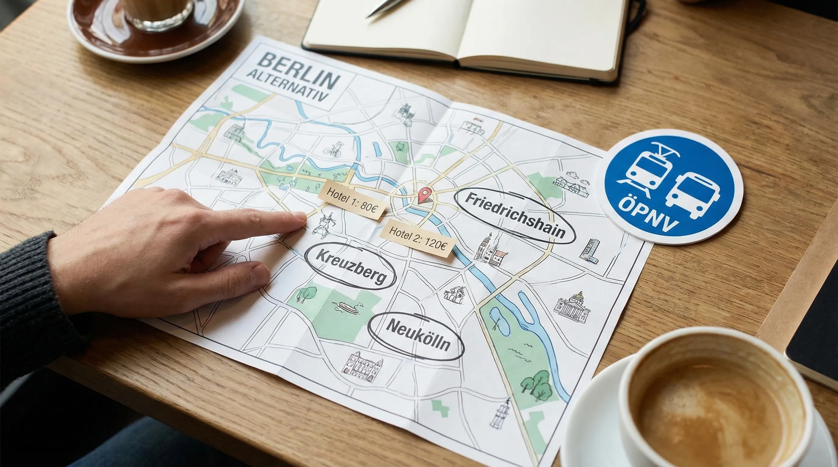 Karte einer Stadt mit markierten Alternativvierteln und zwei Hotel-Preislabels, daneben ein Symbol für ÖPNV-Anbindung.
