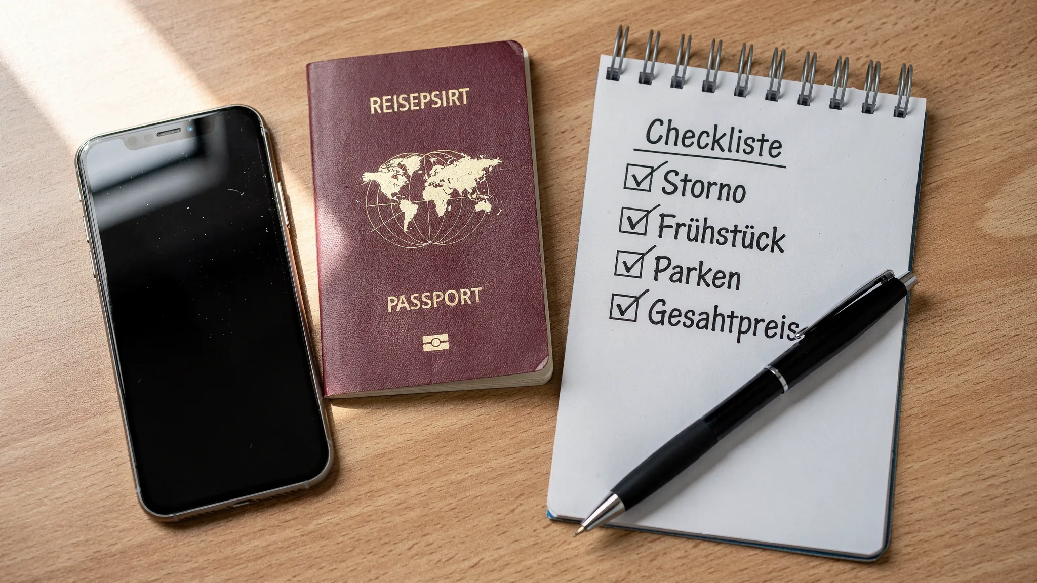 Checkliste auf einem Schreibtisch: Reisepass, Smartphone, Notizblock mit abgehakten Punkten zu Storno, Frühstück, Parken und Gesamtpreis.