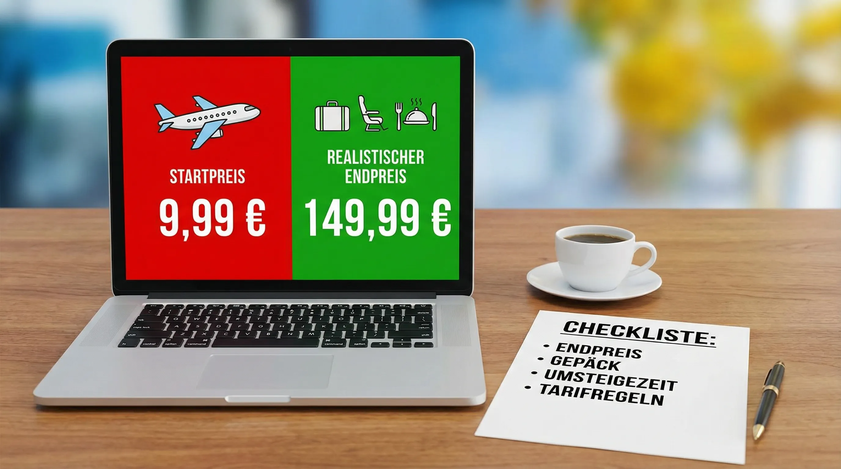 Illustration eines Preisvergleichs f&uuml;r Fl&uuml;ge: links ein scheinbar sehr g&uuml;nstiger Startpreis, rechts der realistische Endpreis mit Gep&auml;ck und Sitzplatz, dazu eine Checkliste mit den Punkten Endpreis, Gep&auml;ck, Umsteigezeit und Tarifregeln.