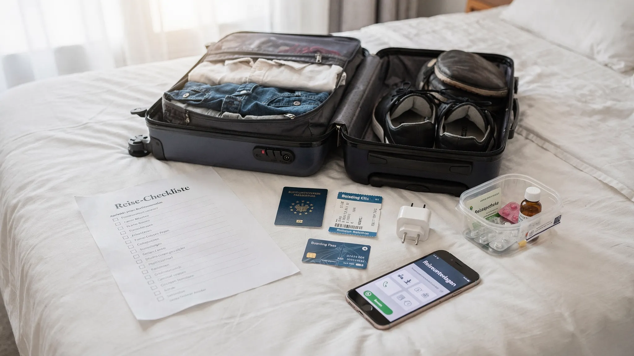 Ein &uuml;bersichtlicher Koffer liegt offen auf dem Bett, daneben eine ausgedruckte Reise-Checkliste, Reisepass, Bordkarte, Kreditkarte, Adapter, kleine Reiseapotheke und ein Smartphone mit gespeicherten Reiseunterlagen.