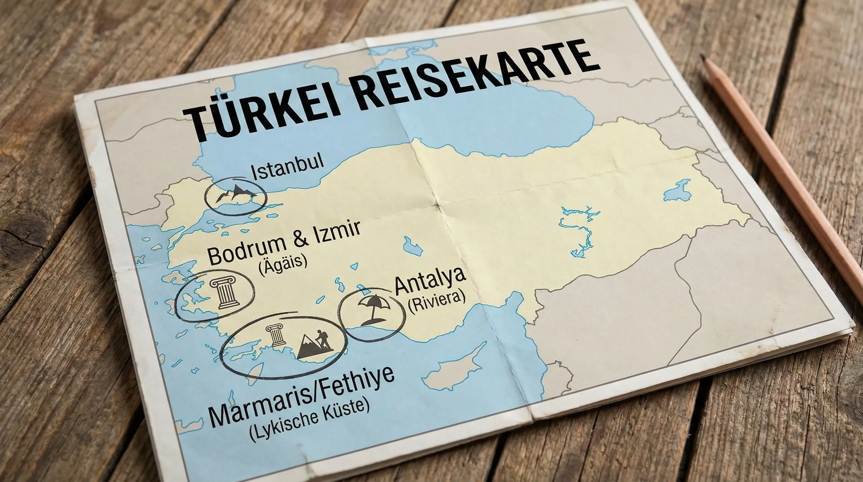 Eine übersichtliche Türkei-Reisekarte mit markierten Urlaubsregionen Antalya (Riviera), Bodrum und Izmir (Ägäis), Marmaris/Fethiye (Lykische Küste) sowie Istanbul, ergänzt durch kleine Symbole für Strand, Kultur und Natur.