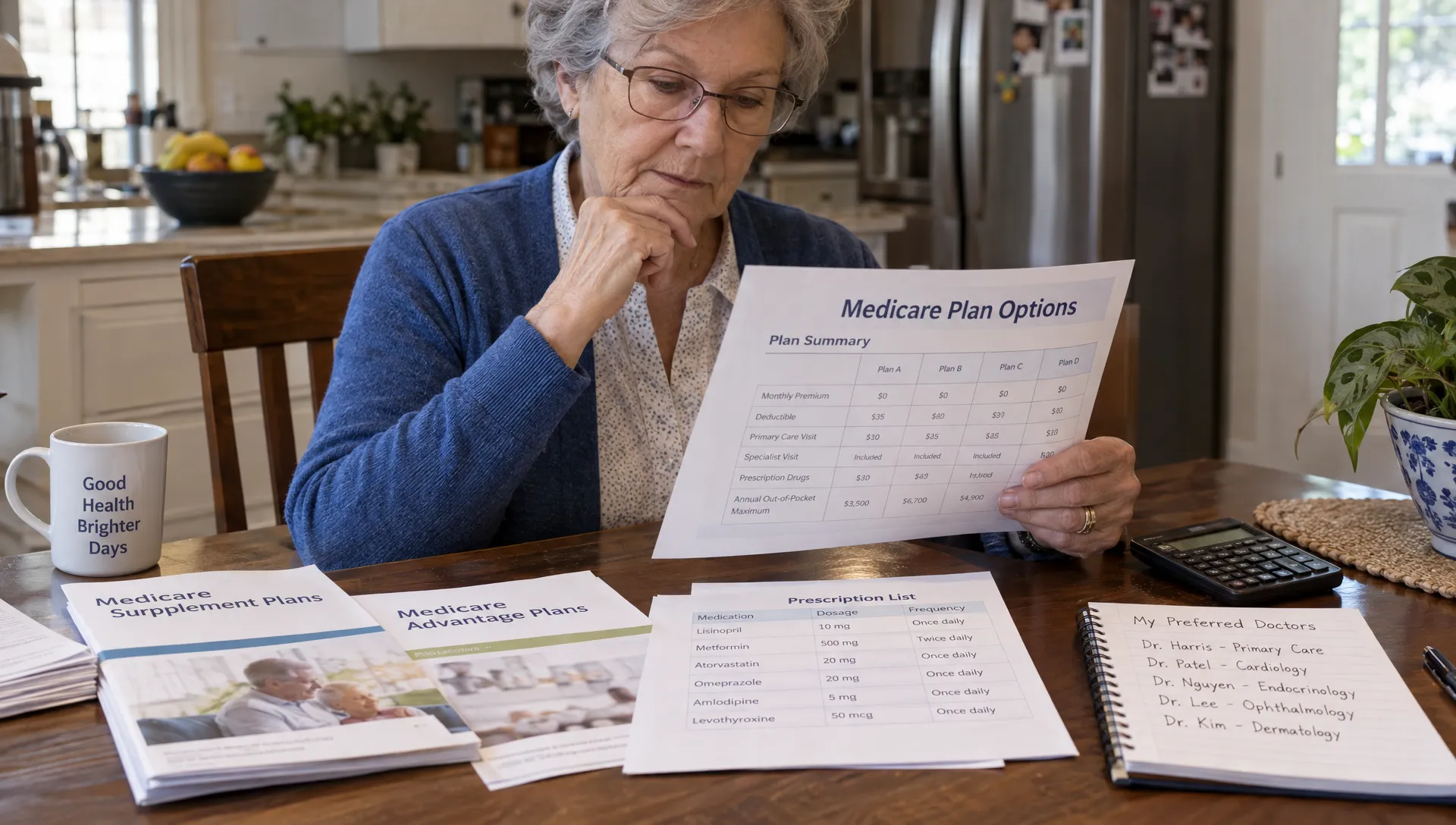 An older adult reviews printed Medicare plan summaries alongside a prescription list, calculator and notebook of preferred doctors at a kitchen table.