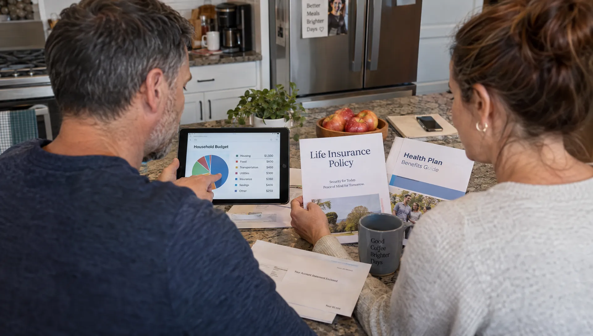 Two adults compare a life insurance policy and health plan booklet beside a household budget, reviewing the difference between life and health insurance.