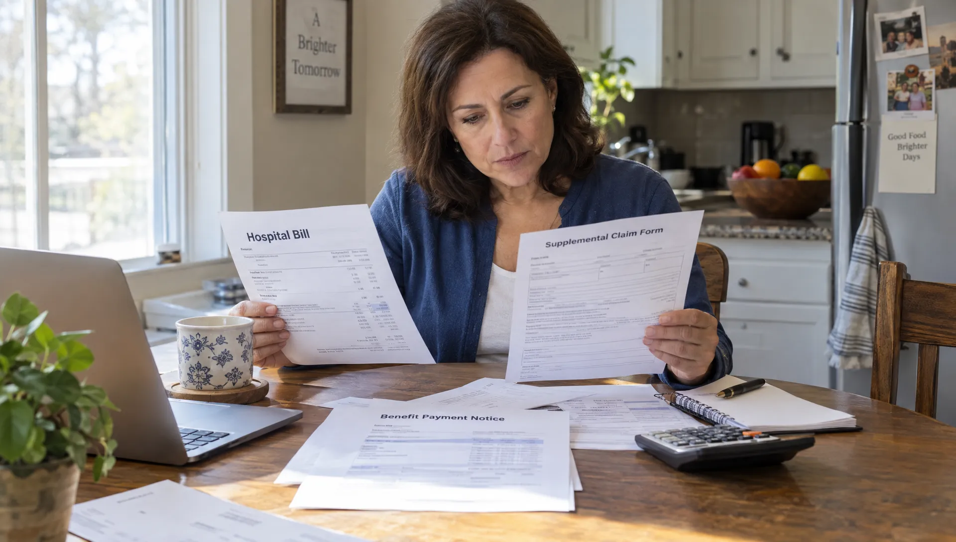 An adult checks a hospital bill against a claim form and benefit notice for supplemental insurance for individuals.