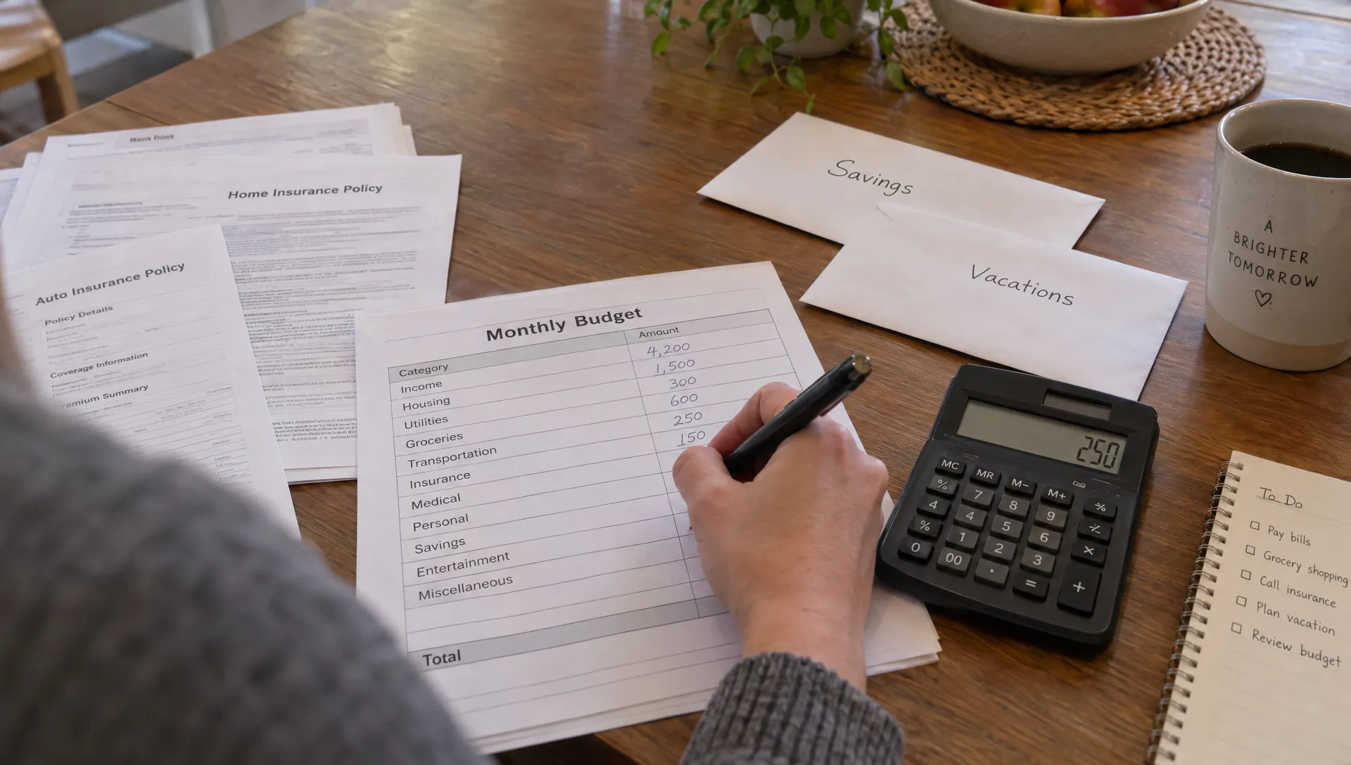 A hand records insurance and care costs on a household budget worksheet beside policy papers and savings envelopes.