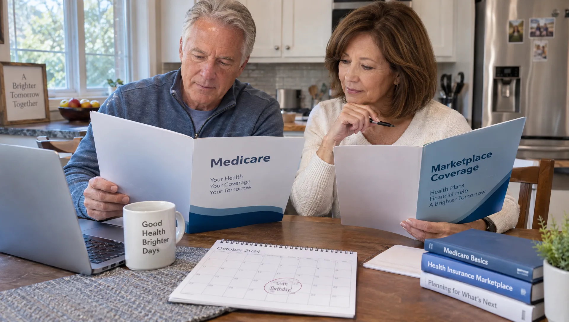 Una pareja revisa carpetas separadas de cobertura de Medicare y del Mercado de Seguros Médicos en la mesa de su cocina, mientras consulta un calendario para ver cuándo uno de los cónyuges cumplirá 65 años.