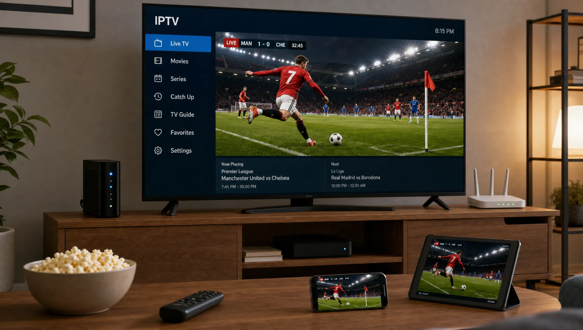 A living room TV shows a live sports stream through an IPTV app, with a router and connected devices nearby.